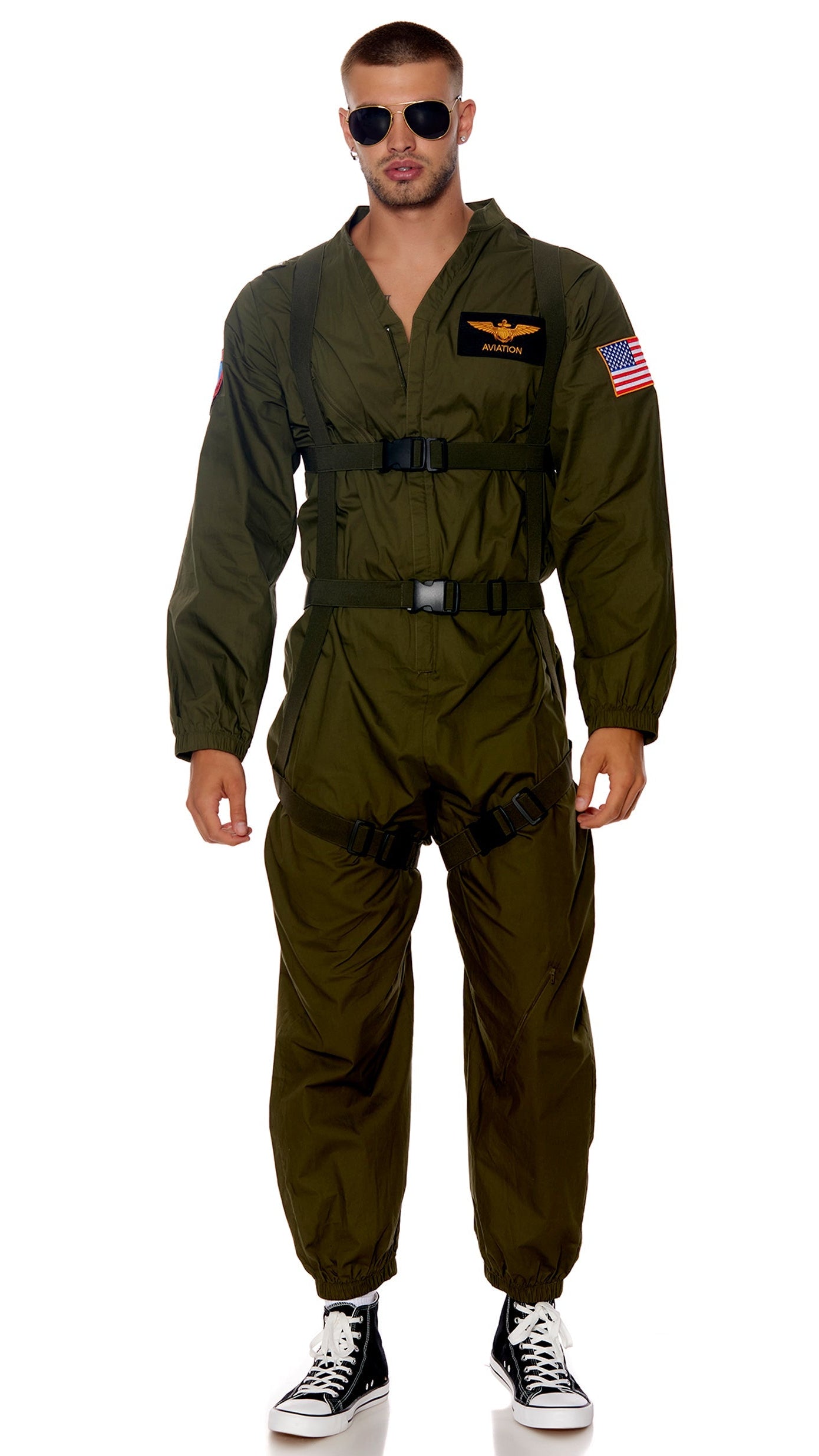 Close-up of Flight or Fight Men's Movie Character Costume, highlighting the zip-front jumpsuit with patches, cargo pants, and harness detail.