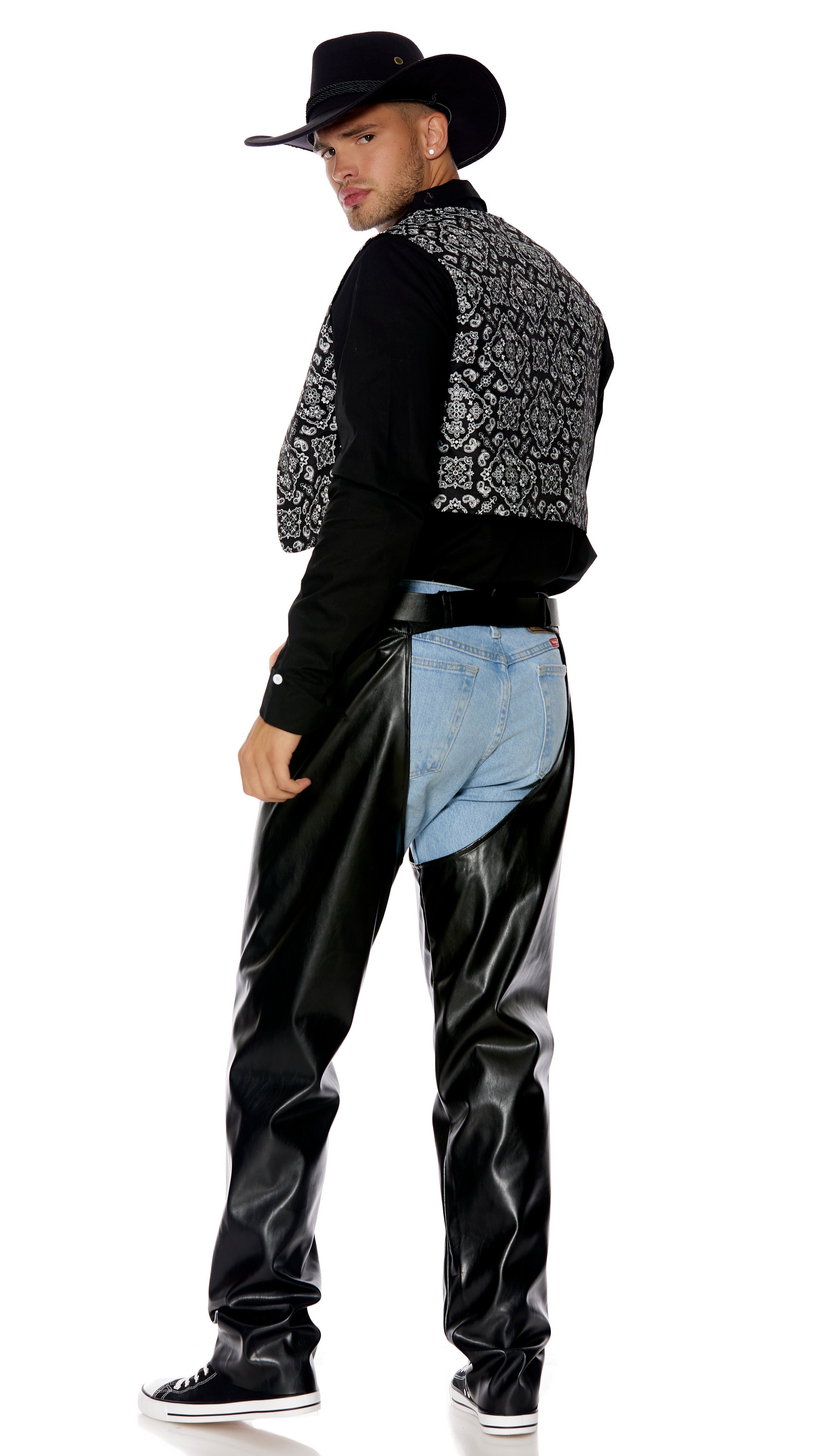 Close-up of a man's Let's Ride Men's Cowboy Costume, showcasing a poplin shirt with western seam design, paisley vest, and belted faux leather chaps with silver buckle.