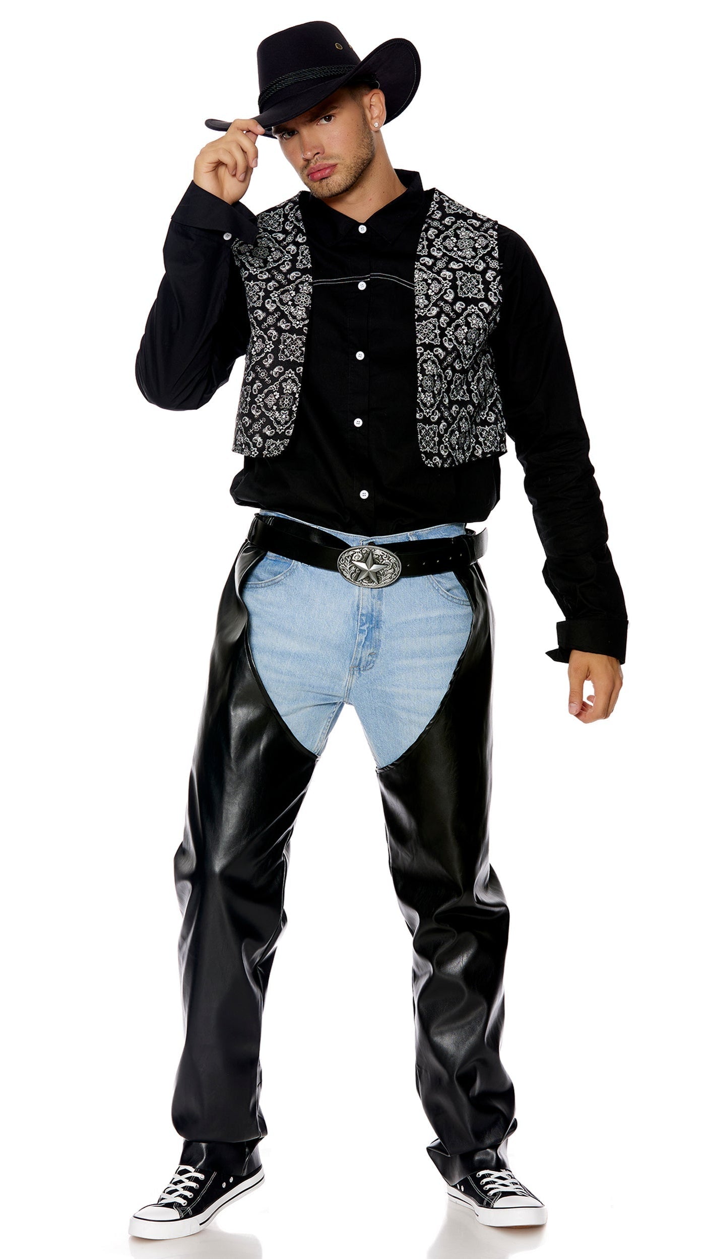 Let's Ride Men's Cowboy Costume: close-up of black and white shoes, part of the ensemble with western seam shirt and paisley vest.