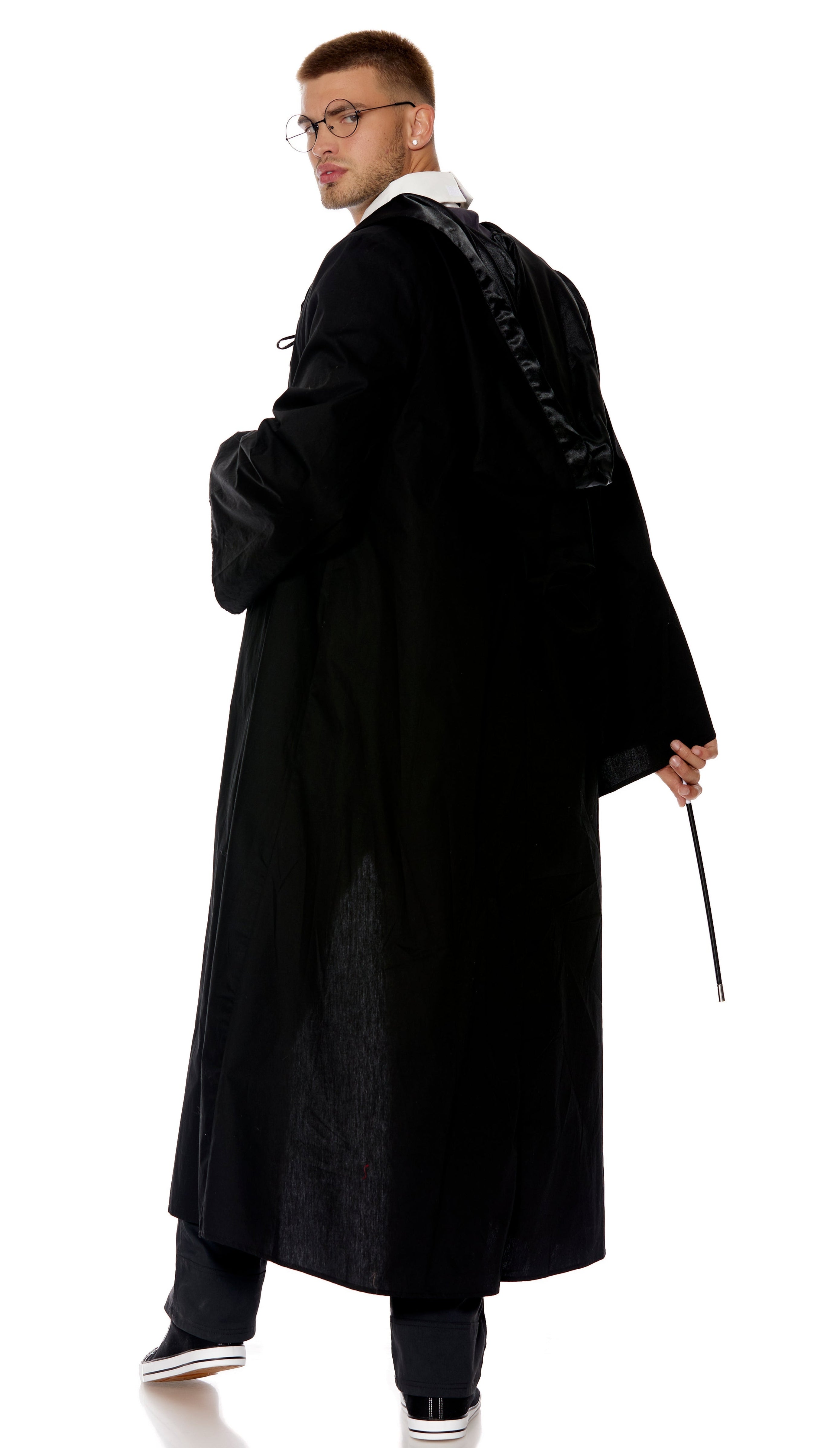 The Chosen Wizard costume: close-up of a man's hair, black robe, hands holding pen; includes collared shirt, hooded cloak, necktie, and glasses.