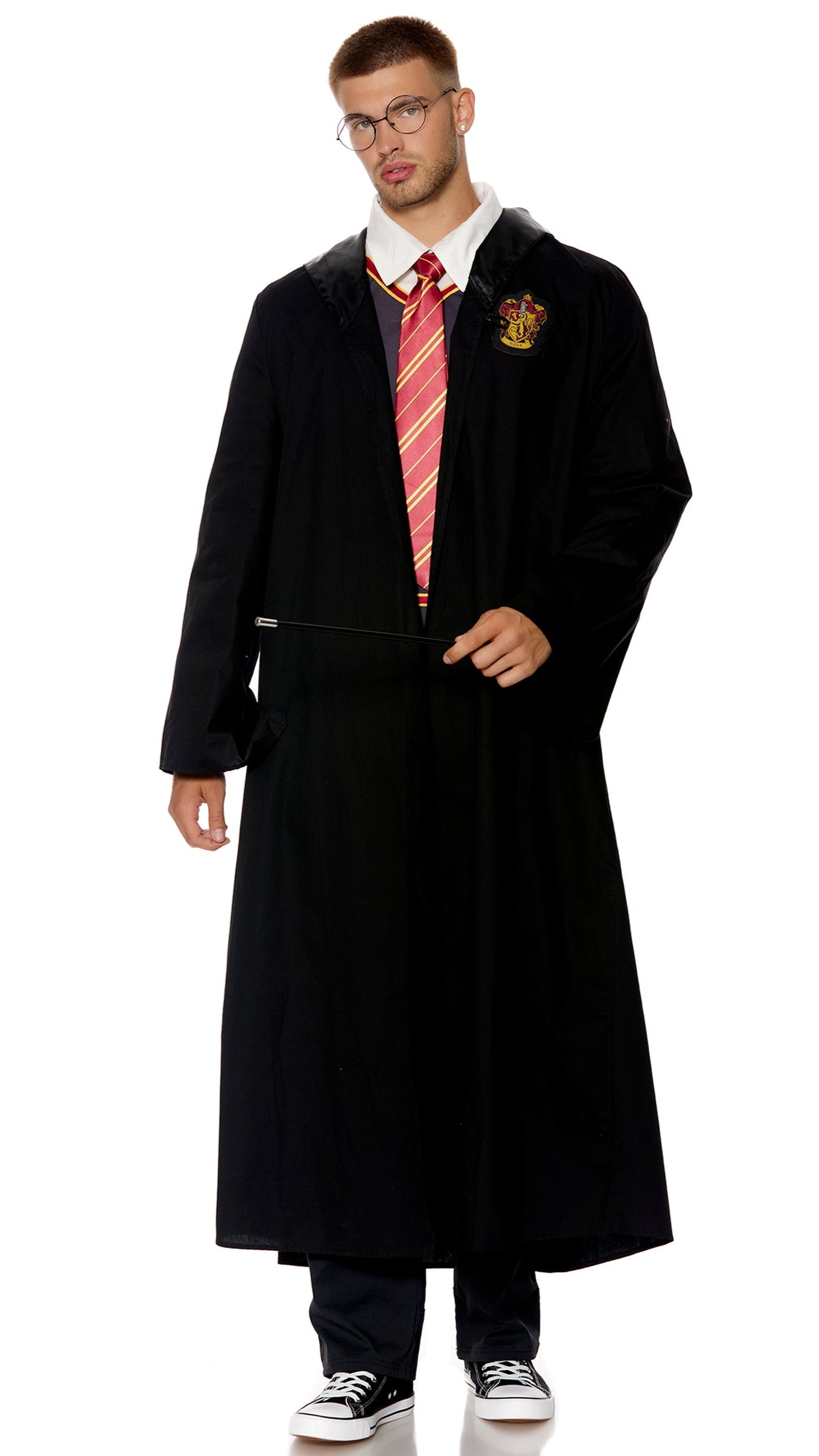 The Chosen Wizard costume showcases a collared shirt and vest, a hooded cloak with embroidery, and a necktie, all complemented by glasses.