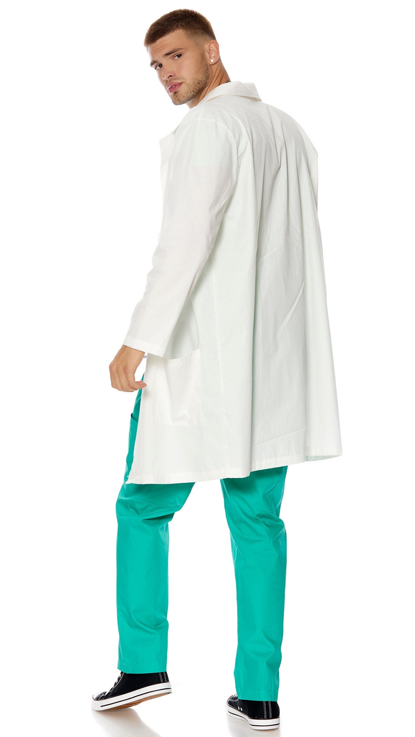 Dr. Feel Good Men's Doctor Costume featuring a close-up of a black and white shoe, part of the 4-piece ensemble with top, coat, pants, and stethoscope.