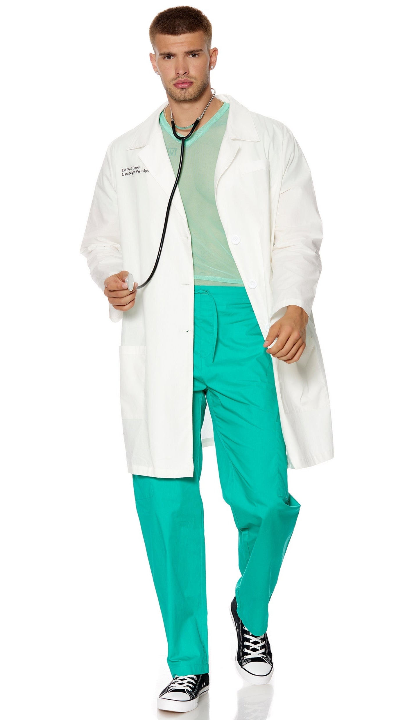 Dr. Feel Good Men's Doctor Costume featuring a sheer V-neck top, lab coat, poplin pants, and stethoscope, highlighting clothing details like sleeves and collar.
