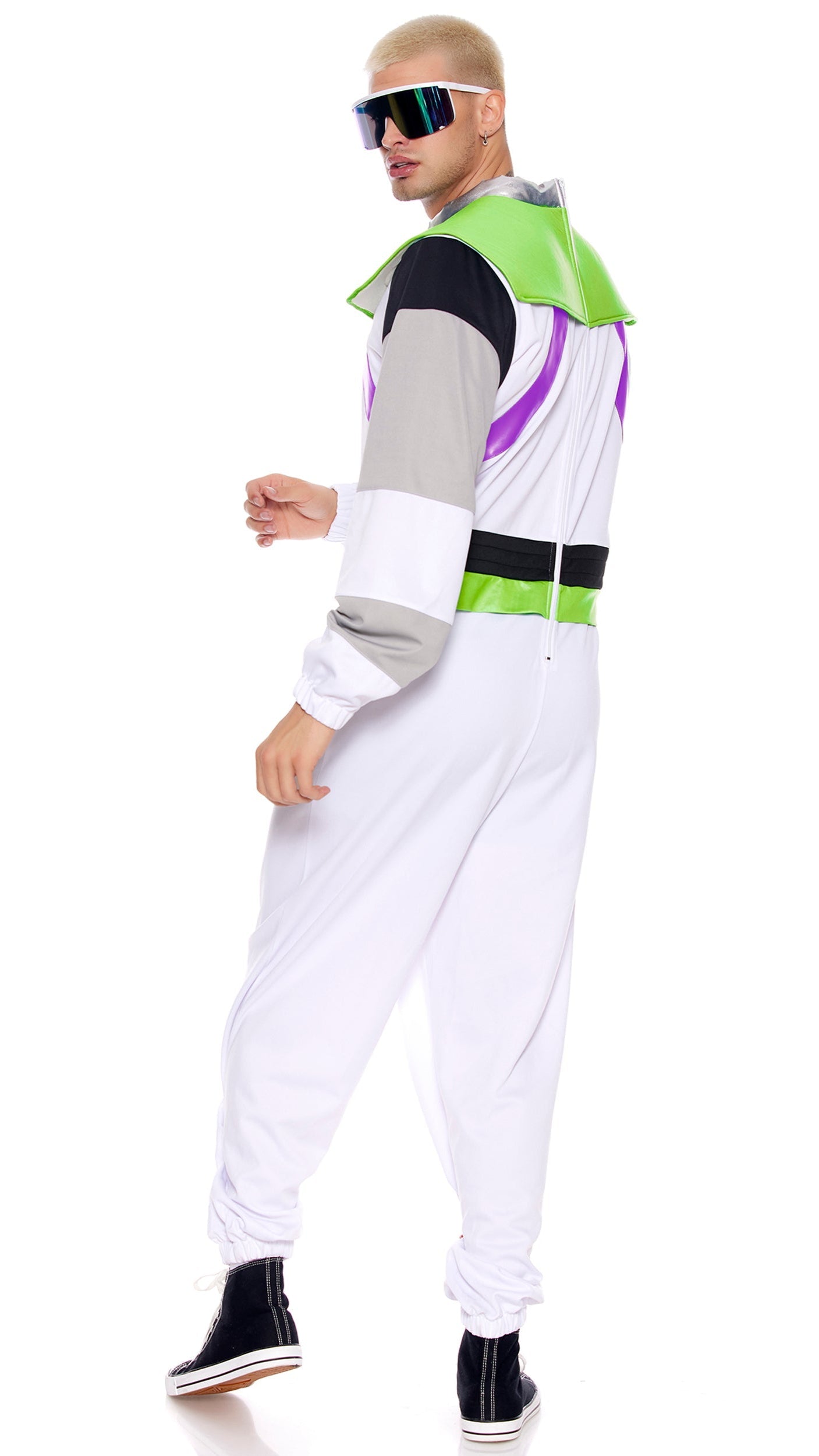 A Real Buzz costume showcased as a zip-front jumpsuit with a padded collar and button accents, accompanied by sunglasses, highlighting a movie character look.
