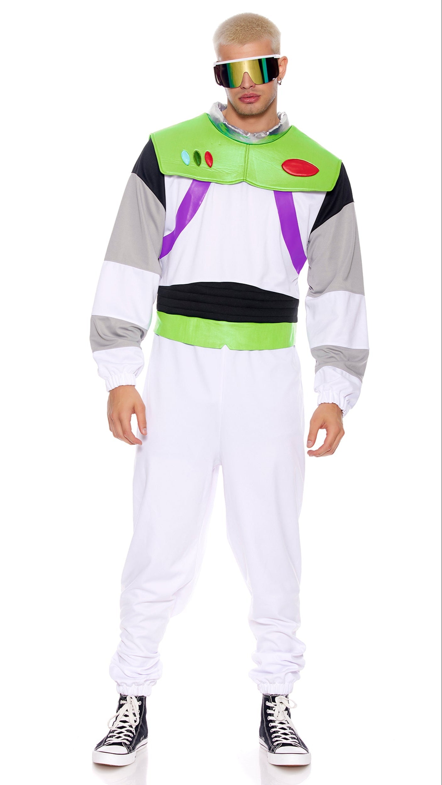 A Real Buzz costume featuring a close-up of the jumpsuit's button accents and padded collar, worn by a man. Glasses complement the look.