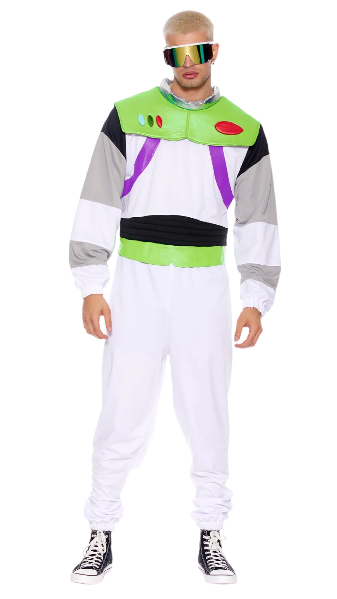 A Real Buzz costume featuring a close-up of the jumpsuit's button accents and padded collar, worn by a man. Glasses complement the look.
