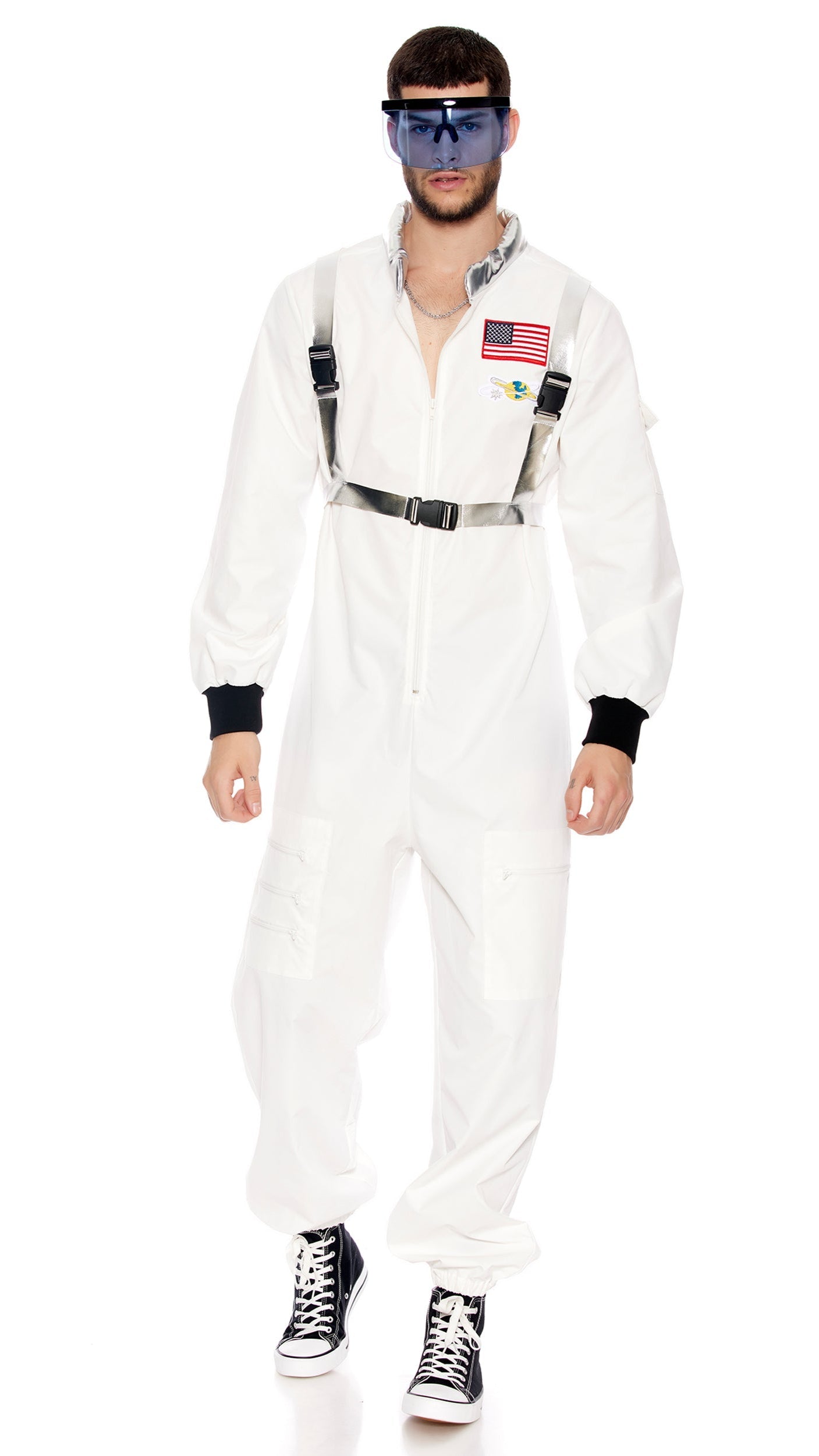 Take Off Men's Astronaut Costume featuring a zip-front jumpsuit with space patches, padded collar, metallic buckle harness, and included glasses.