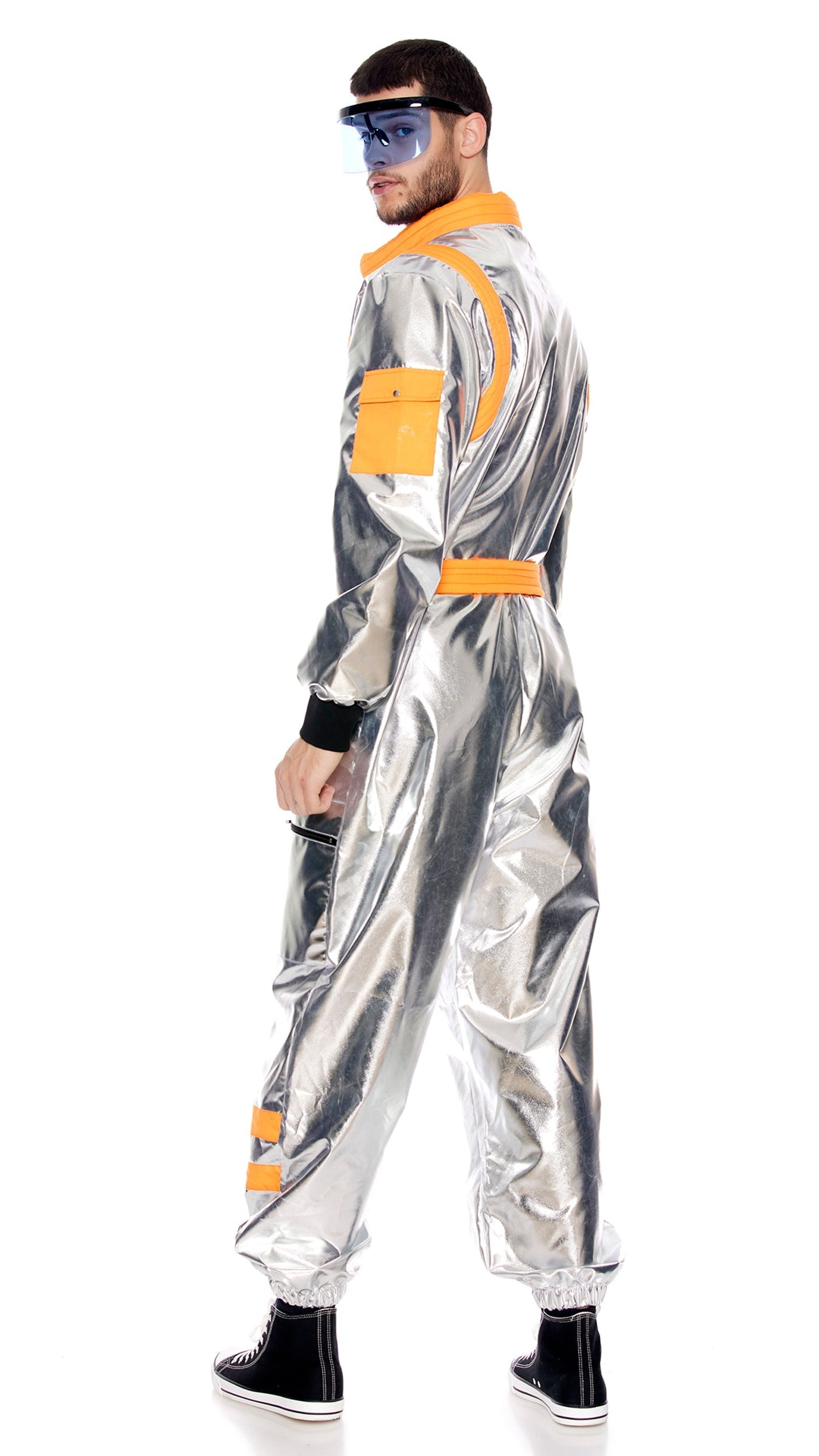 Moon Landing Men's Astronaut Costume; close-up of detailed space patches on metallic jumpsuit, paired with padded belt and glasses, showcasing fashion-forward space exploration attire.
