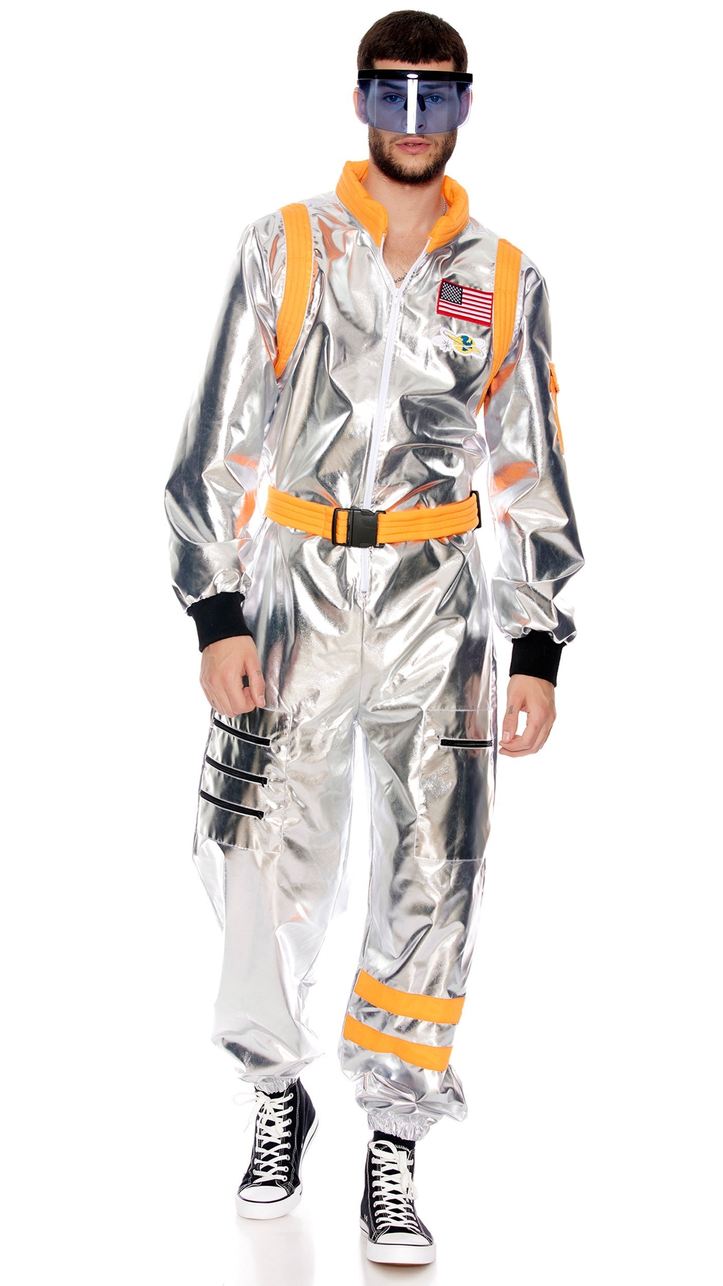 Moon Landing Men's Astronaut Costume featuring a close-up of the jumpsuit's zip front, space patches, and padded collar with accompanying belt and glasses.
