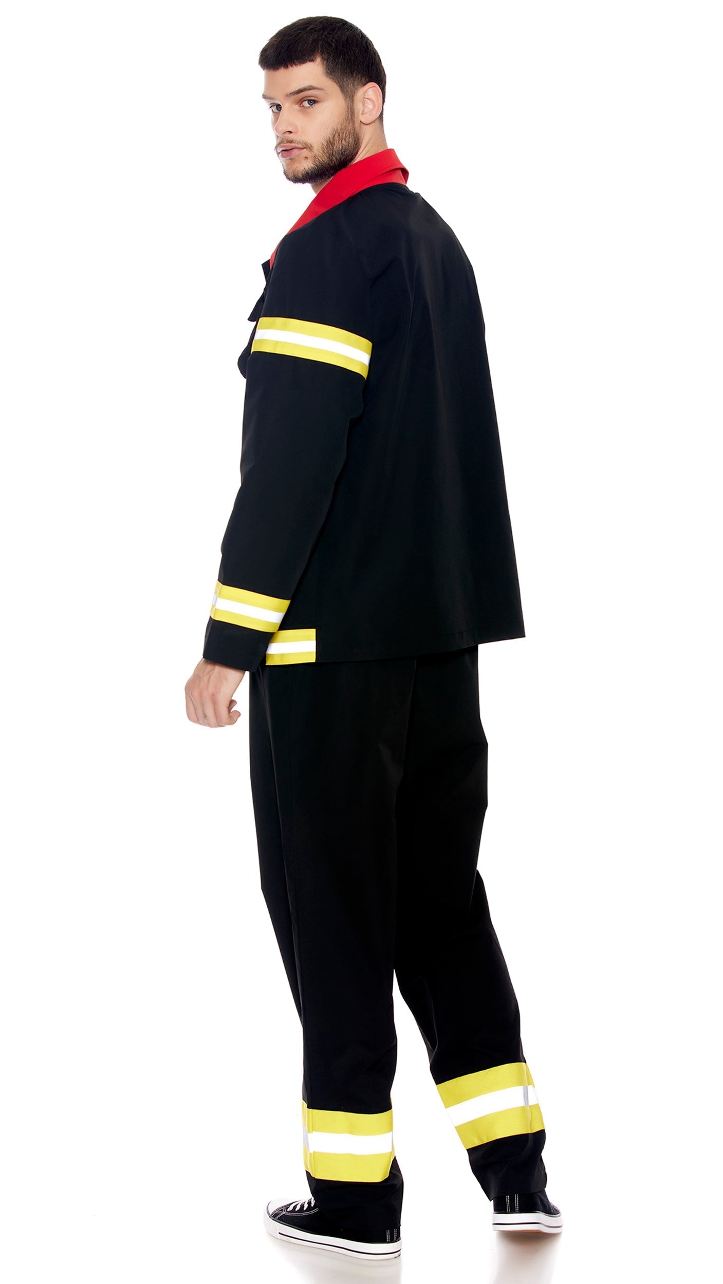 Wheres The Fire Men's Firefighter Costume features a close-up of a zip-front jacket with ornamental patches and reflective stripes, paired with matching pants.