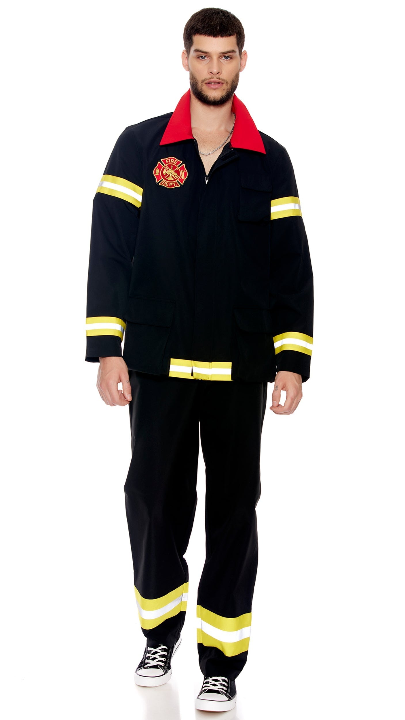 Wheres The Fire Men's Firefighter Costume, featuring a zip-front jacket with ornamental patches and reflective stripes, paired with matching pants.