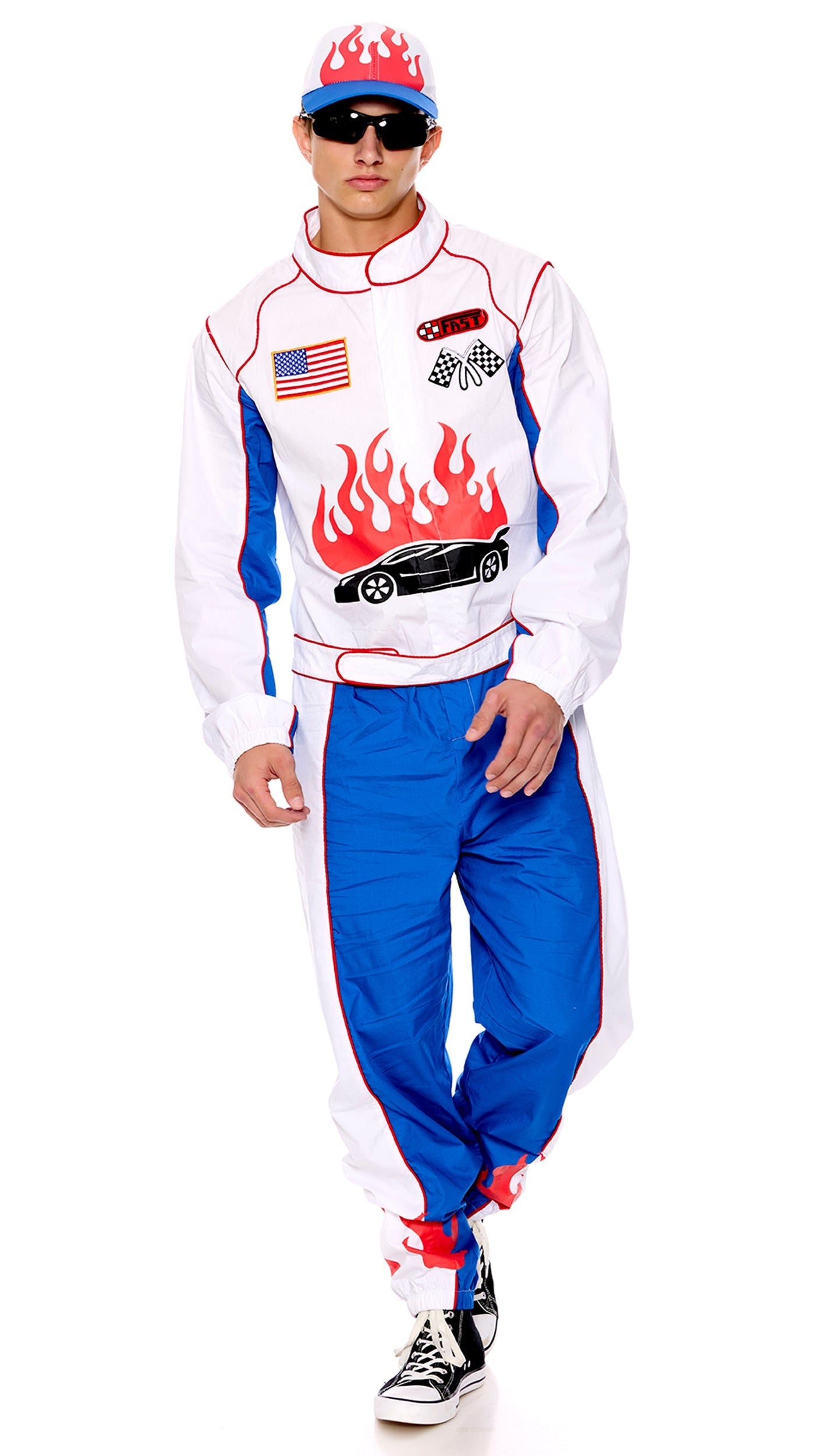 Formula Won Men's Racer Costume, showcasing a close-up of a black and white shoe, hat, and jumpsuit with ornamental patches and racing car graphic.