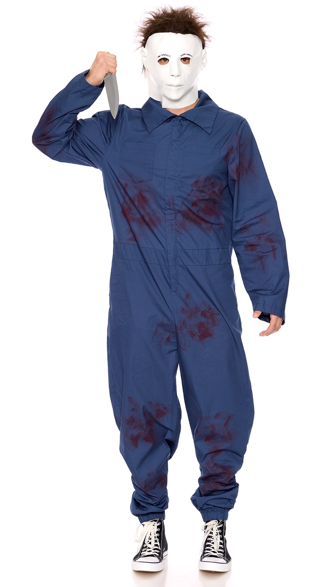 Person wearing Pure Evil Men's Movie Character Costume, showcasing a jumpsuit with blood splatter print, mask, and carrying a prop knife. Close-ups of black and white shoes included.