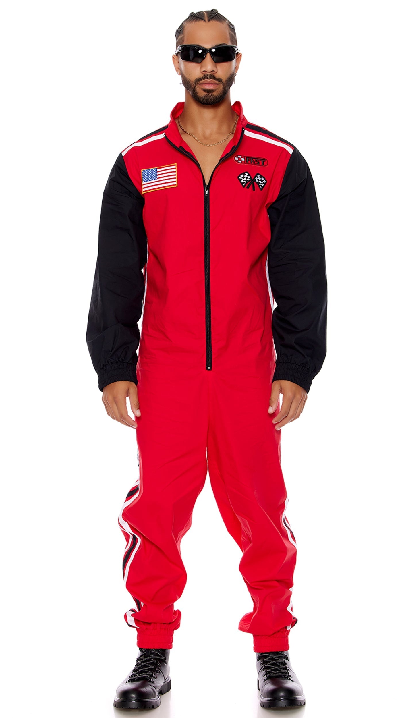 Full Throttle Men's Racer Costume featuring a man in a red jumpsuit with embroidered patches and included glasses, highlighting the zip closure and elastic hem.
