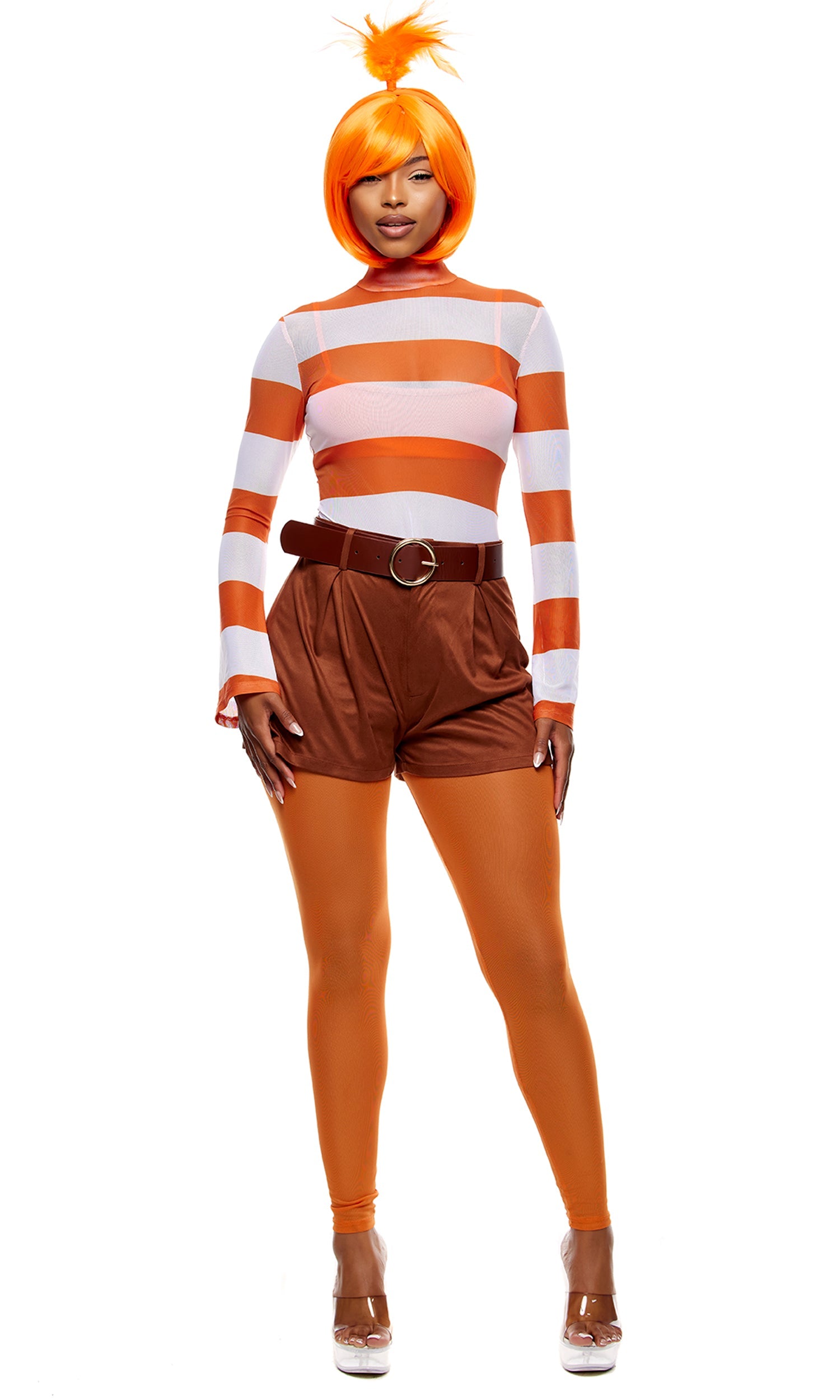 Anxiety-Themed Movie Halloween Costume: A chic, clownfish-inspired ensemble with a striped top, orange bob wig, faux suede shorts, and orange leggings, exuding a bold, fashion-forward interpretation of a classic character.
