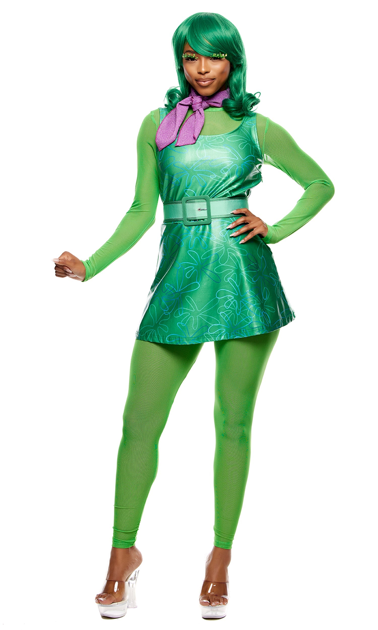 Model in the Disgusted Feeling Cosplay Movie Costume, featuring a green vinyl mini dress, sheer mesh top, matching leggings, a purple neck scarf, and a bright green wig with dramatic eyelashes.