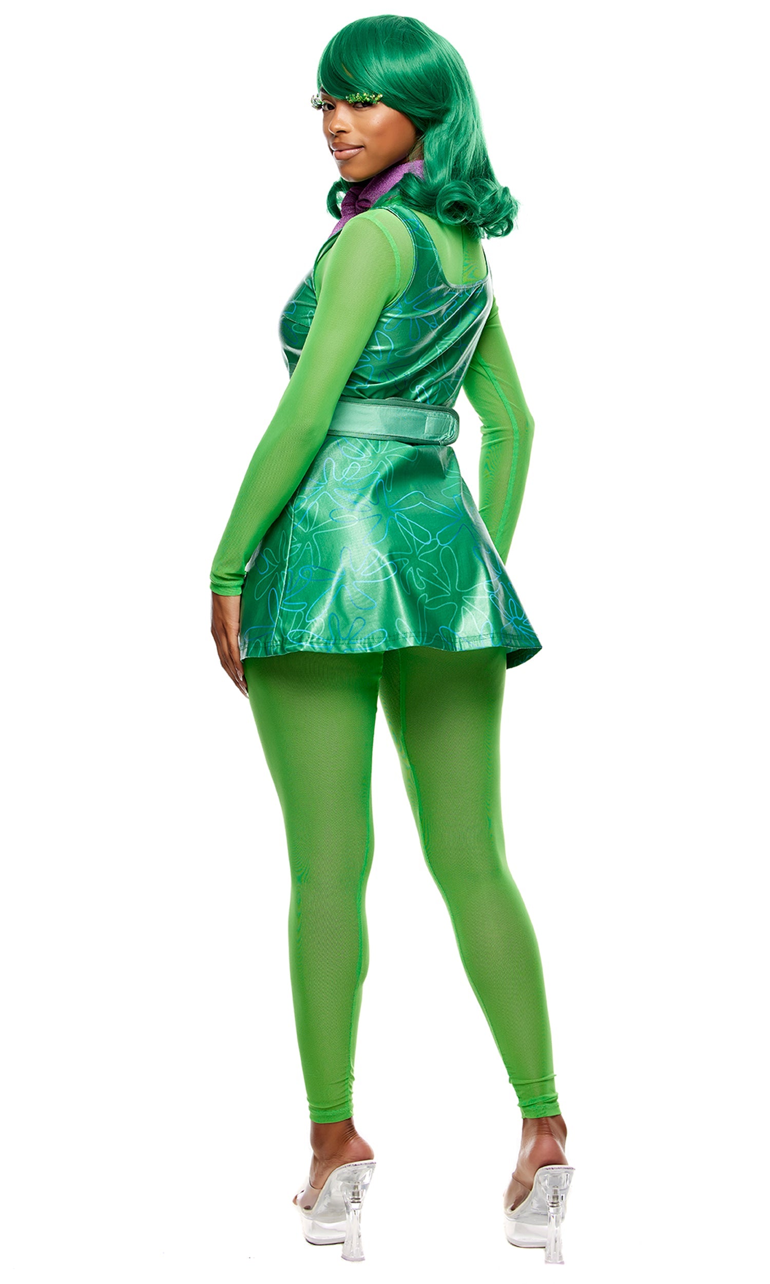 A person wearing the Disgusted Feeling Cosplay Movie Costume, complete with green leggings and a green wig, stands in a three-quarter view sporting clear platform shoes—an ideal Halloween cosplay.