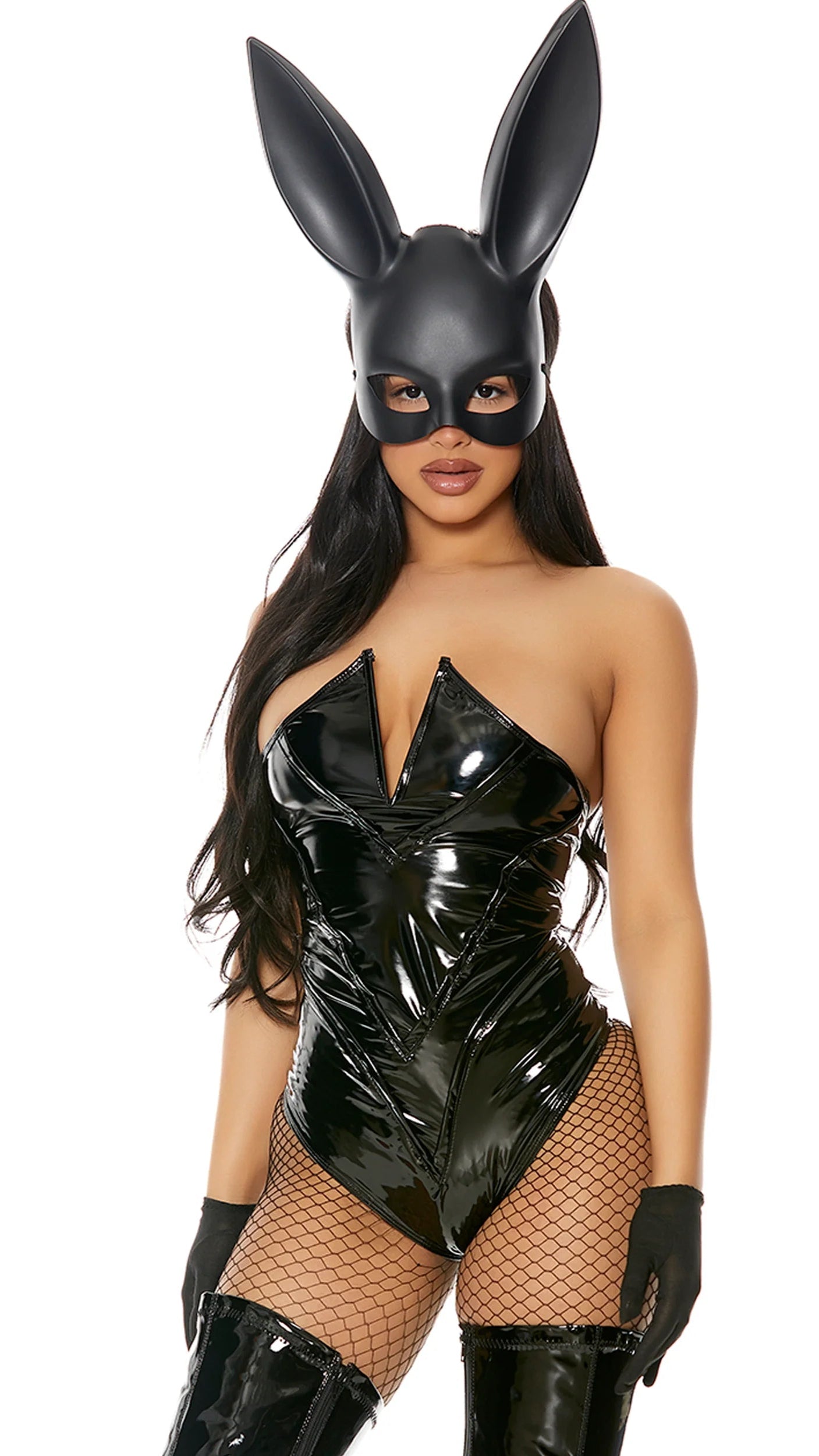 Close-up of a woman in a bunny mask from the Breathtaking Sexy Bunny Costume, featuring a bodysuit and gloves made of polyester and spandex.