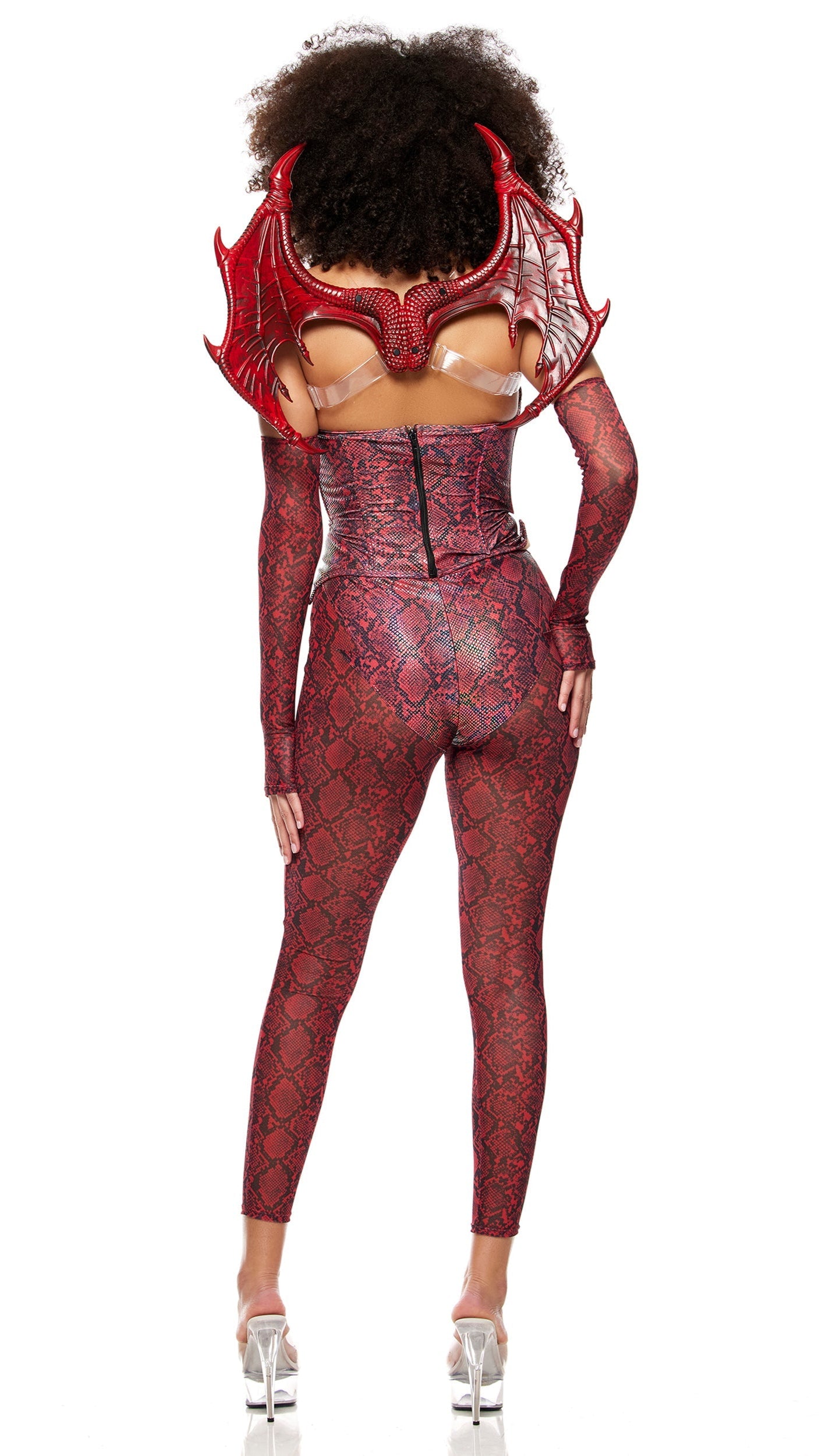 Woman modeling the Slay Me Dragon Costume, featuring an iridescent foil reptile-print corset with spike details, sheer mesh leggings, matching gloves, and dragon wings.