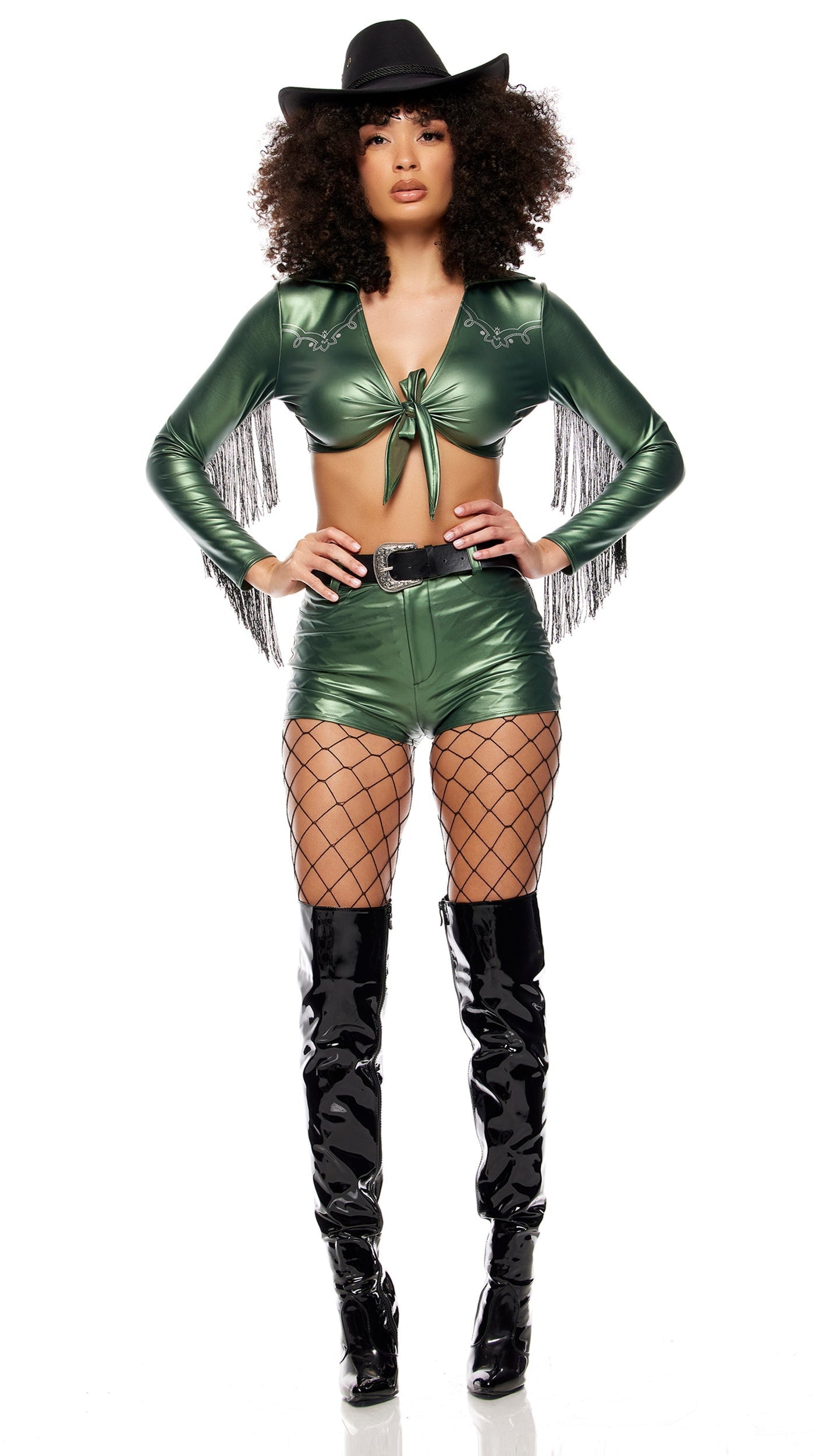 Close-up of Yee Haw Cowgirl Costume: fringe tie top, matching shorts, buckle belt, featuring details like a bow, a leg, and a black hat.