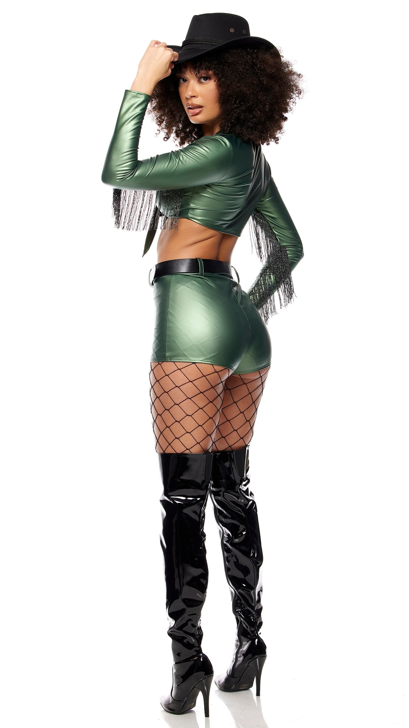 Yee Haw Cowgirl Costume featuring a fringe tie top, matching shorts, and a belt, paired with knee-high latex boots for a bold western look.