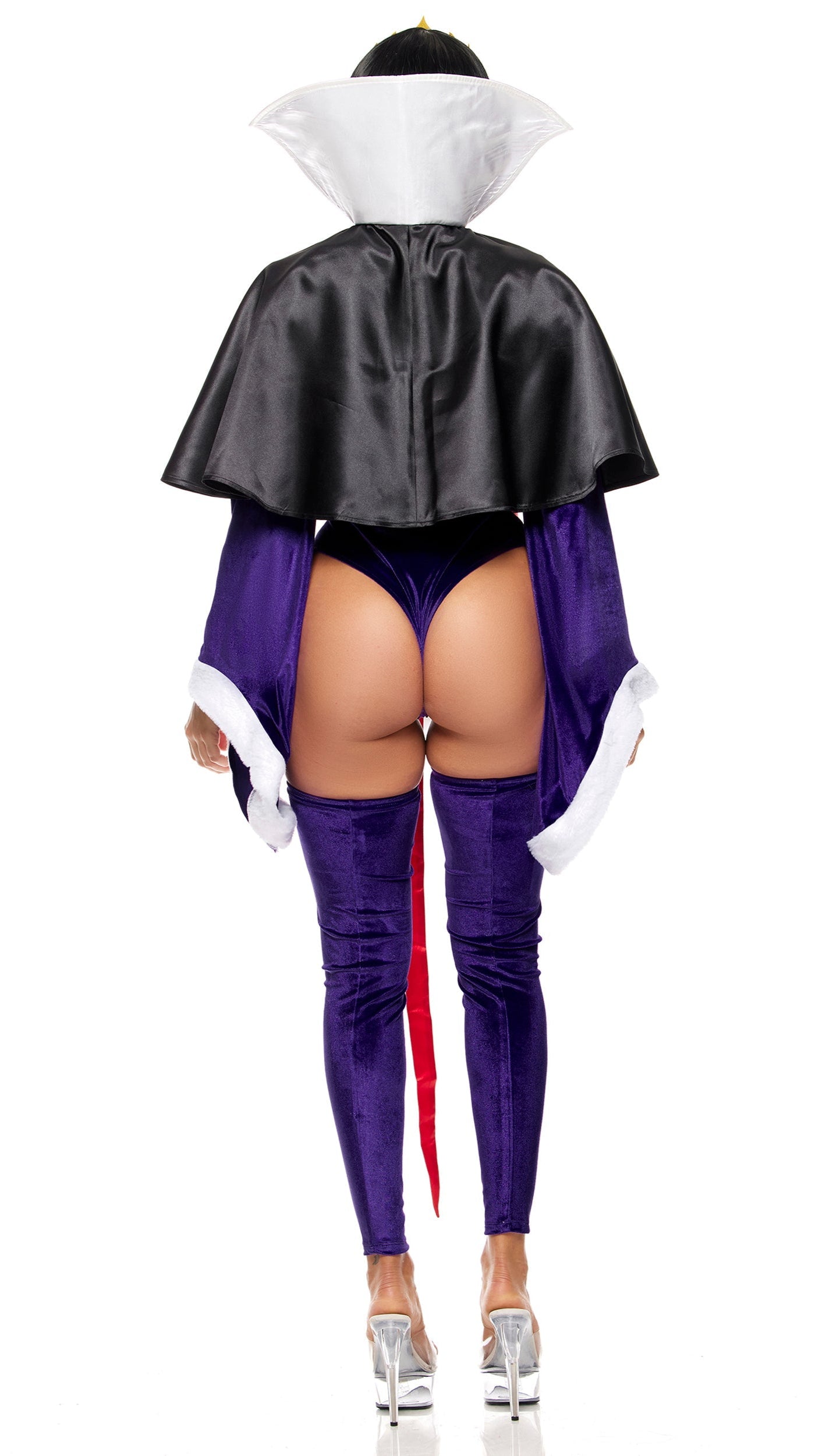 Fairest of All Storybook Costume close-up: high-heeled shoes, glass accessory, and a person wearing a black cape from the 5-piece set featuring velvet and satin details.