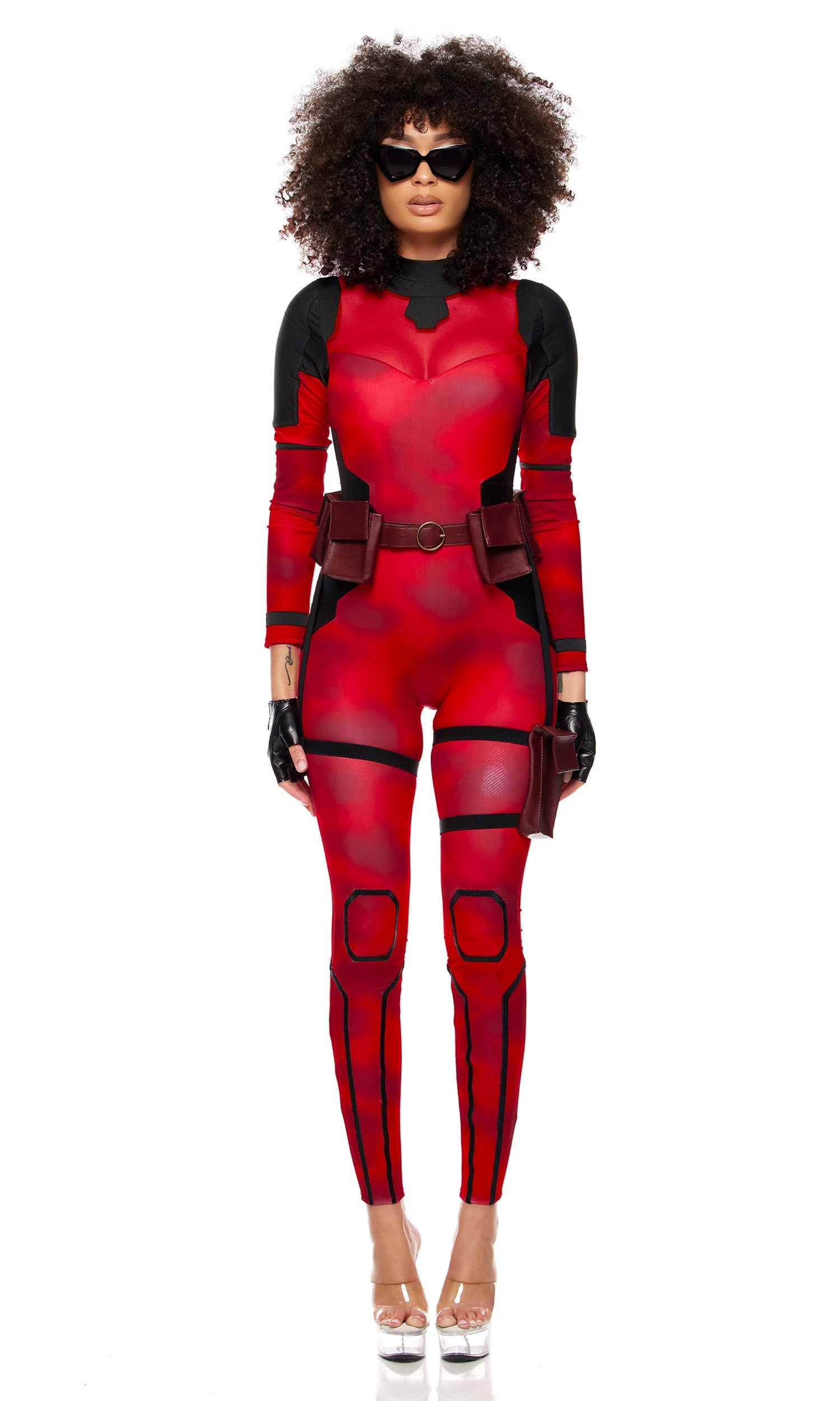 No Hero Comic Book Costume: woman in jumpsuit with mesh panel, utility belt, gloves, and sunglasses. Close-ups show belt and sunglasses details.