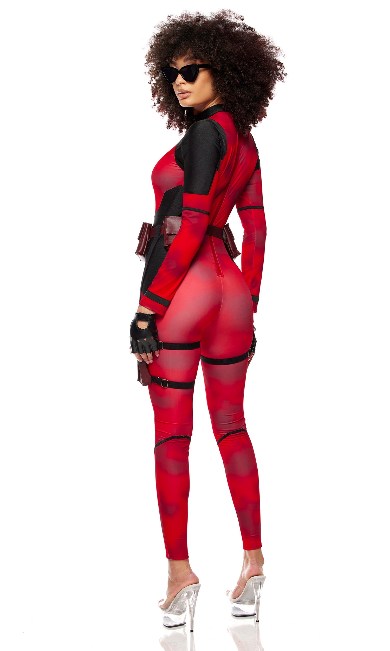 No Hero Comic Book Costume shown with a woman wearing a long sleeve jumpsuit, sheer mesh panel, utility belt, gloves, and sunglasses.