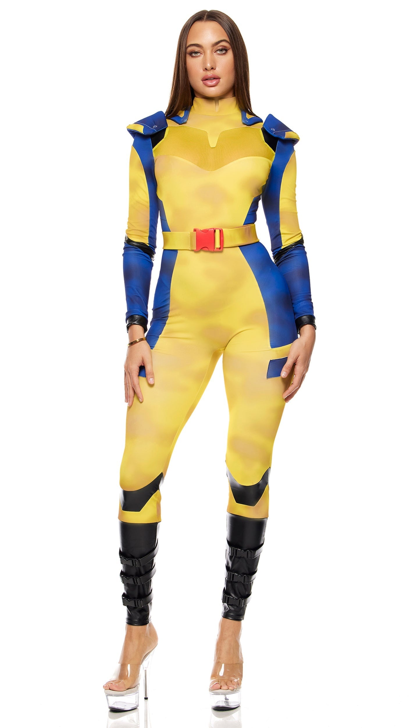 Woman wearing Claws Out Comic Book Character Costume, featuring a long sleeve jumpsuit with padded shoulders, sheer mesh panel, and buckle belt.