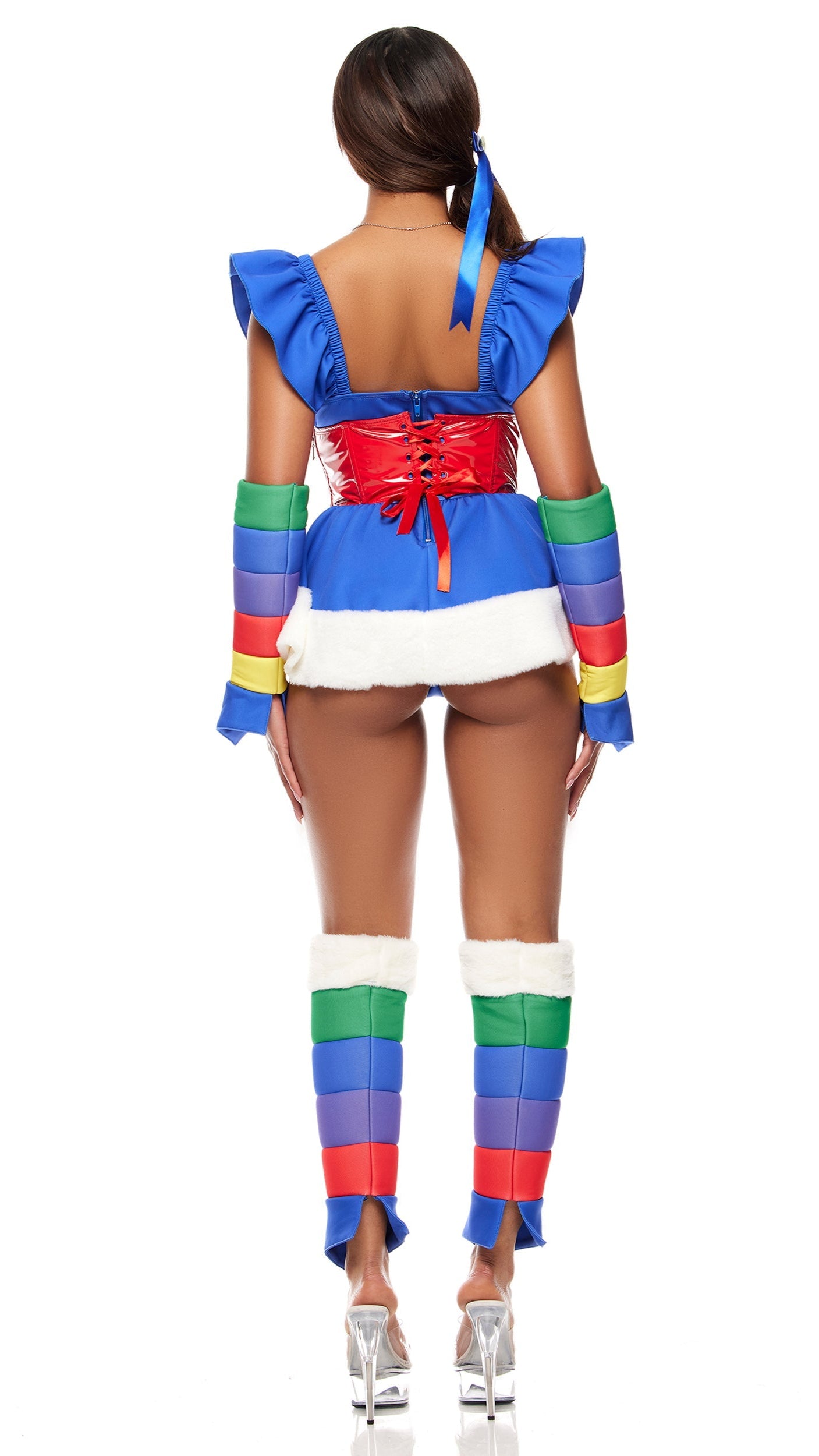 Follow The Rainbow Cartoon Character Costume featuring a peplum top with faux fur hem, paired with rainbow arm and leg accessories, glow-in-the-dark necklace, and bow hair clip.
