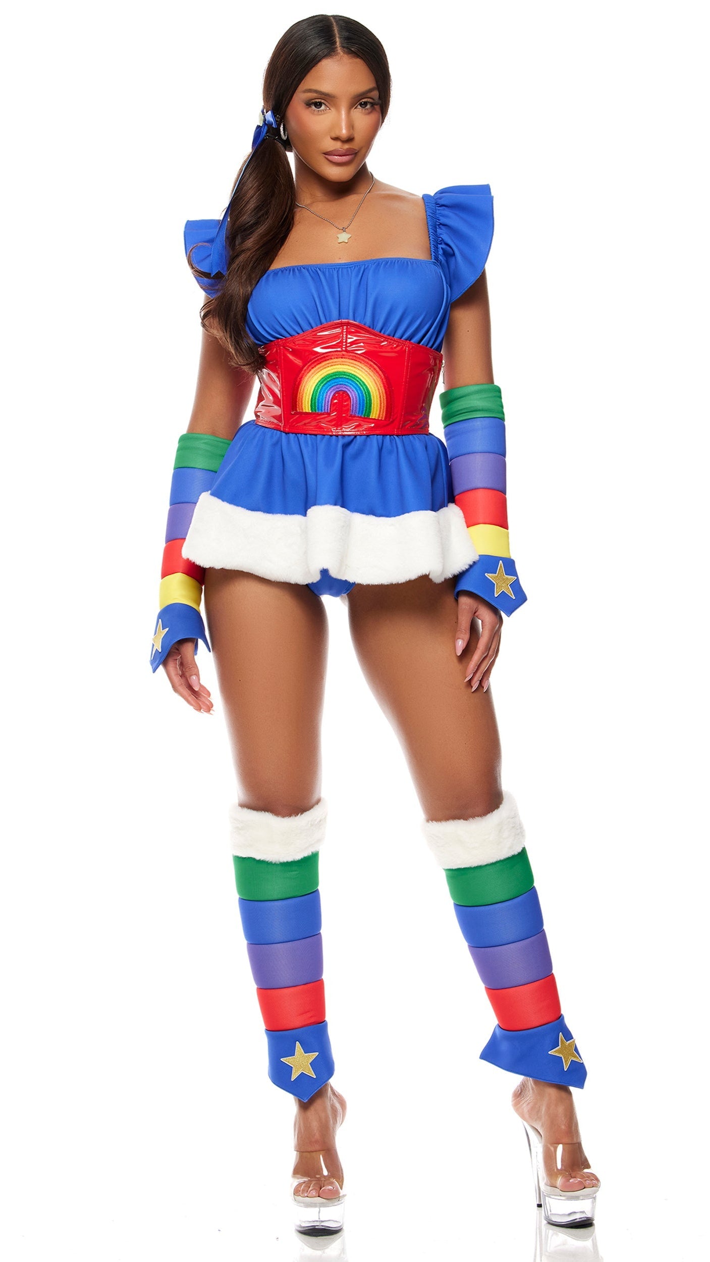 Woman wearing Follow The Rainbow Cartoon Character Costume with peplum top, faux fur hem, rainbow arm and leg accessories, glow-in-the-dark star necklace, and bow hair clip.