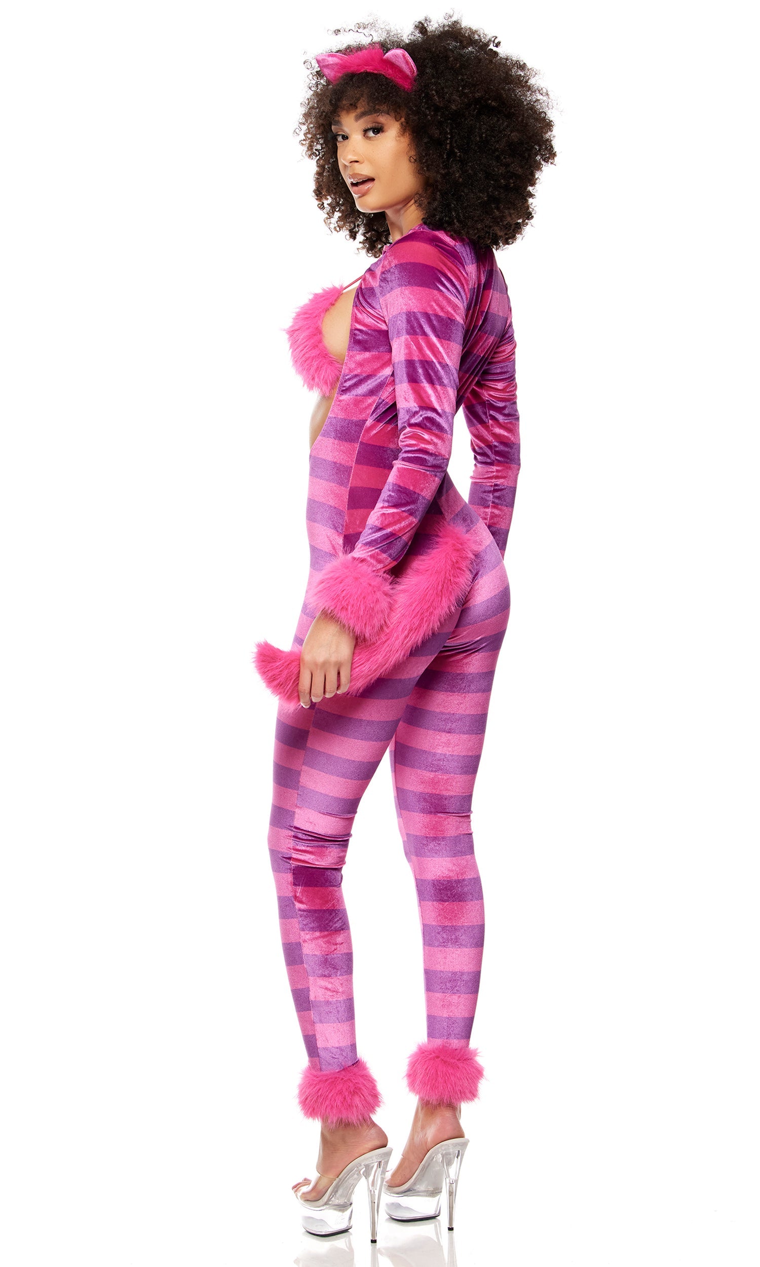 Woman wearing the Whisker Wonderland Movie Character Costume, featuring a faux fur triangle top, striped velvet jumpsuit with fur trim, and cat ear headband.