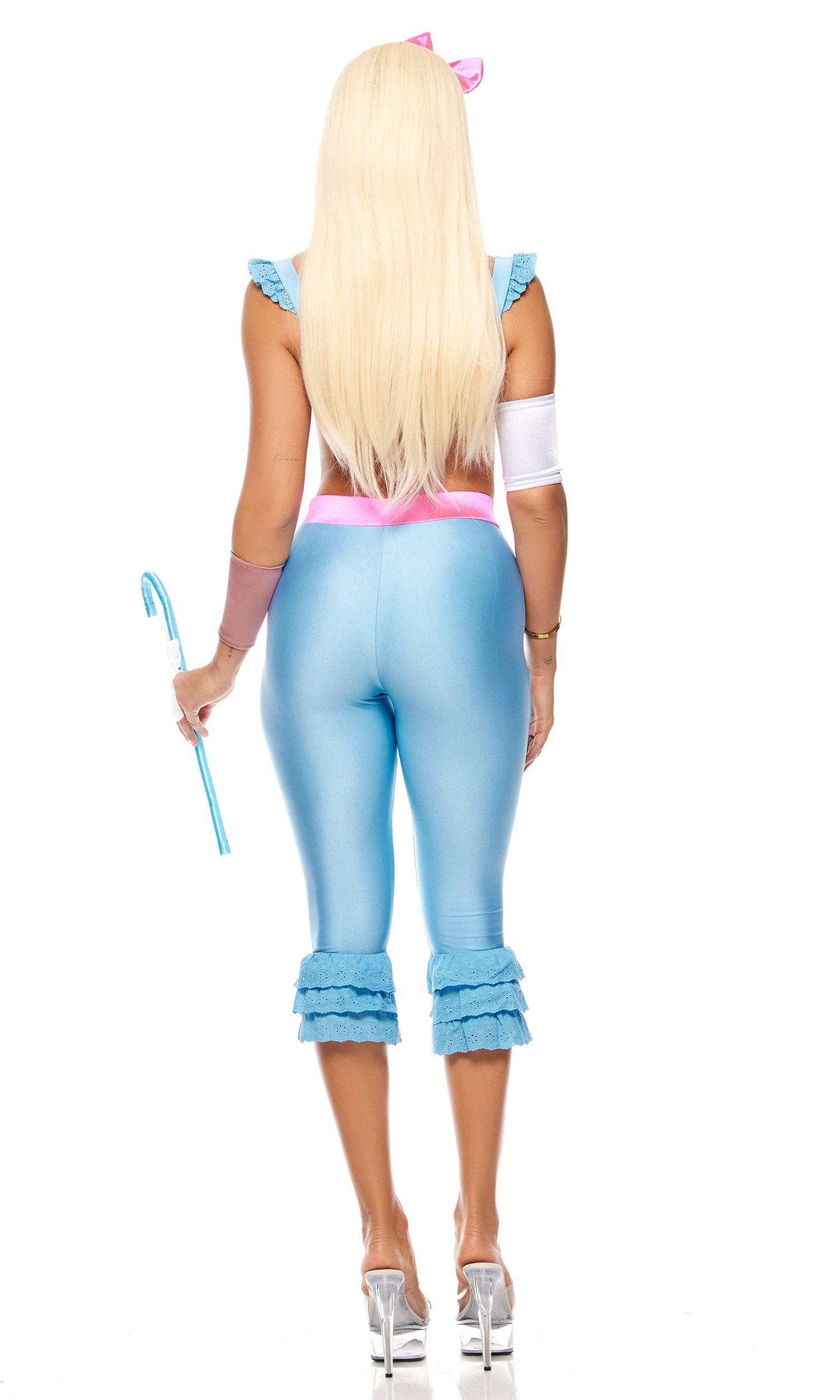 Peeping Sheep Doll Costume showcasing ruffle-trimmed bra, capri ruffle pants, and accessories like arm bands, neck scarf, and headband, emphasizing a sexy doll look.