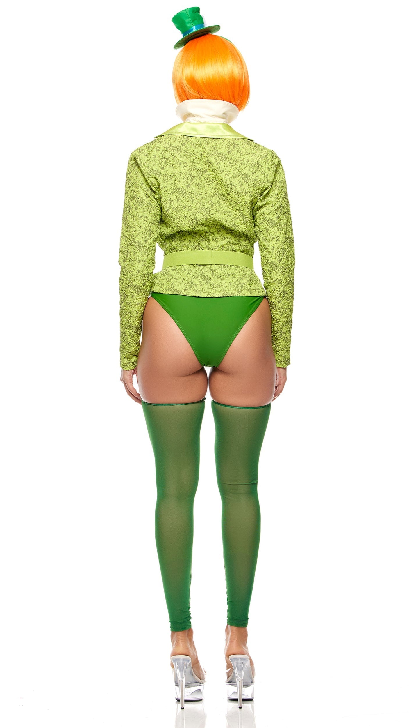 Big Mad Movie Character Costume features blazer with satin lapels, bra, collar with bowtie, garter panties, ornamental belt, and hat headband.