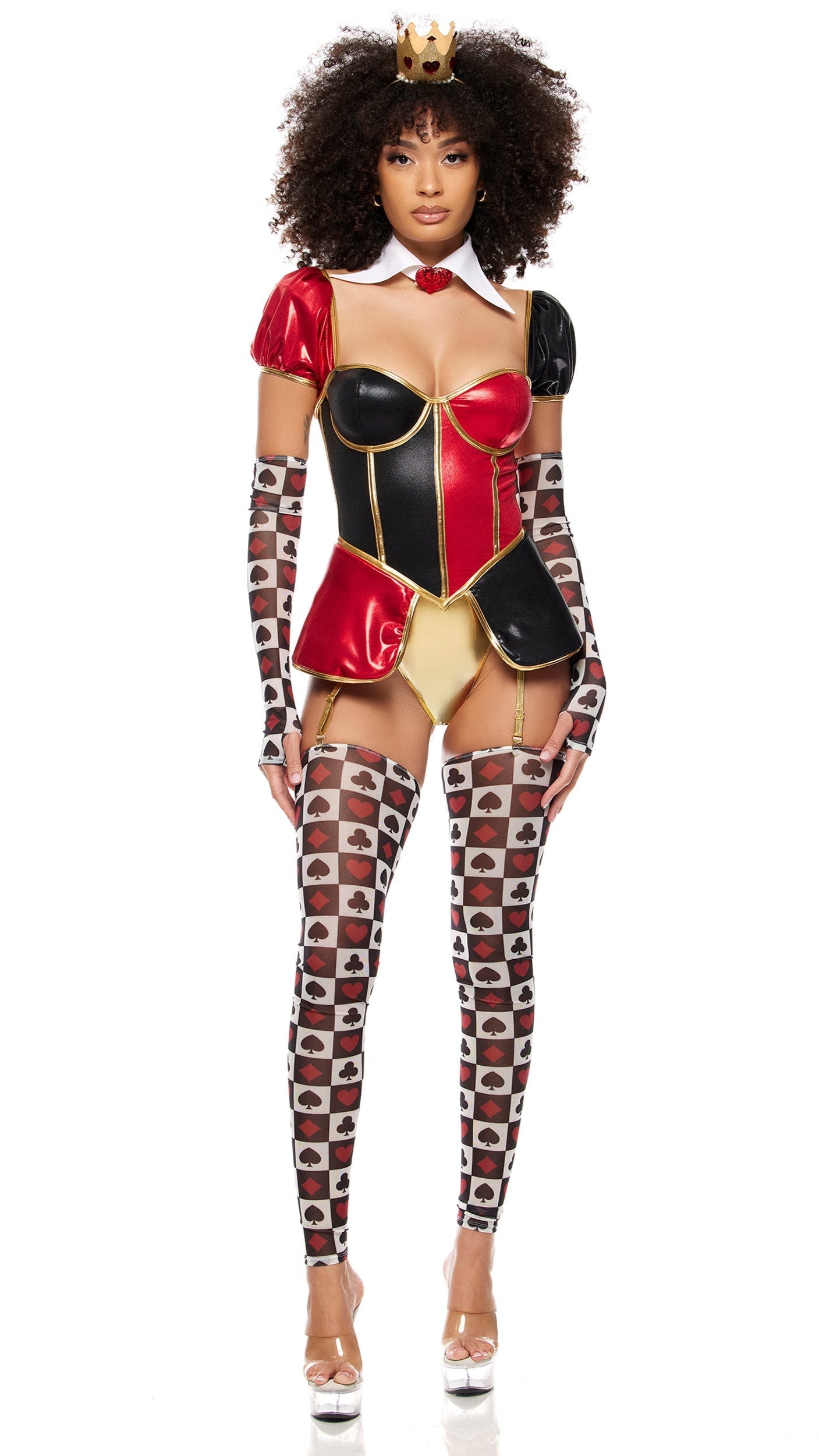 Woman wearing Royal Hearts Storybook Costume with metallic peplum bodysuit, puff sleeves, deck of cards mesh leg accessories, crown headband, and fingerless gloves.