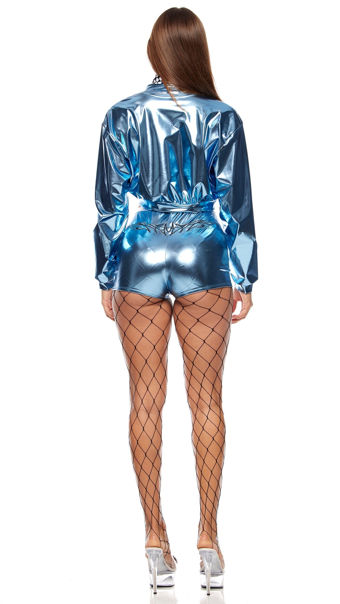 Close-up of the Cozy Cone Movie Character Costume featuring high-heeled shoes, a cropped jacket with shield emblem, and checkered neck scarf.