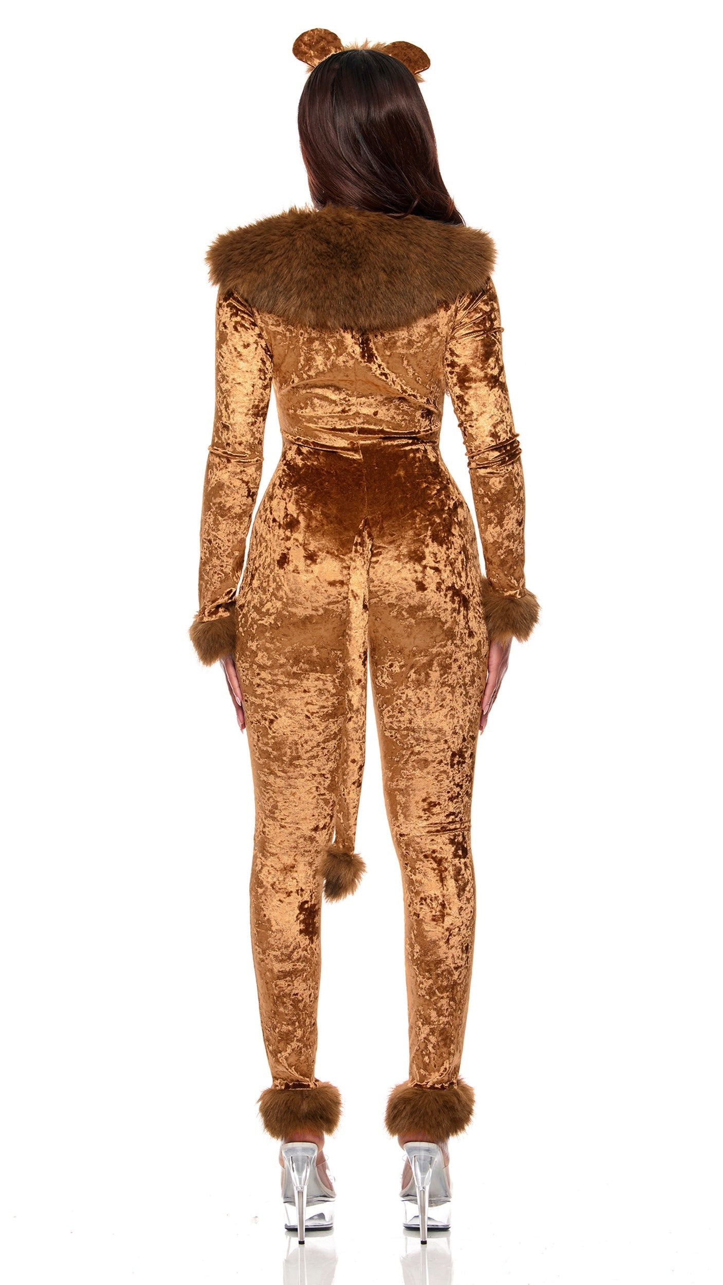 No Courage Storybook Costume: close-up of crushed velvet jumpsuit with faux fur trim, attached tail, and matching lion ear headband displayed on a mannequin.