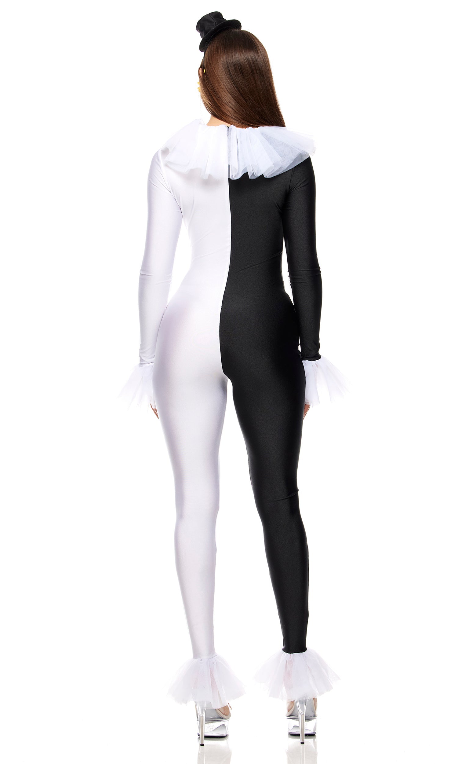 Terrifying Times Movie Character Costume featuring a close-up of a ruffled jumpsuit, a collapsible hat headband, and sunflower glasses, emphasizing theatrical flair.