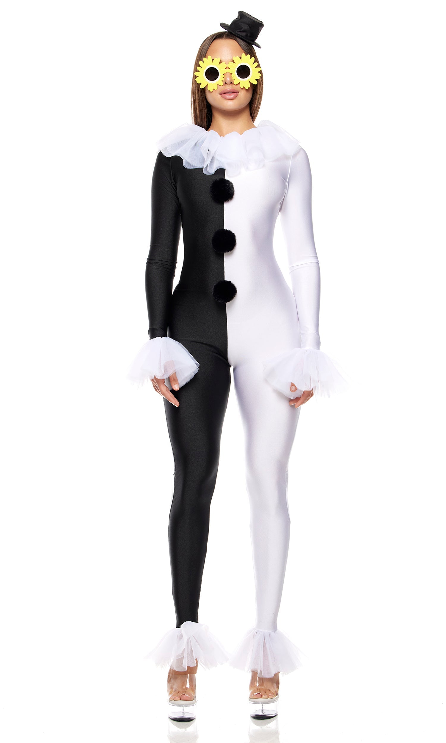 Terrifying Times Movie Character Costume featuring a split color block jumpsuit, collapsible hat headband, and sunflower glasses, showcased with a fluffy ball detail.