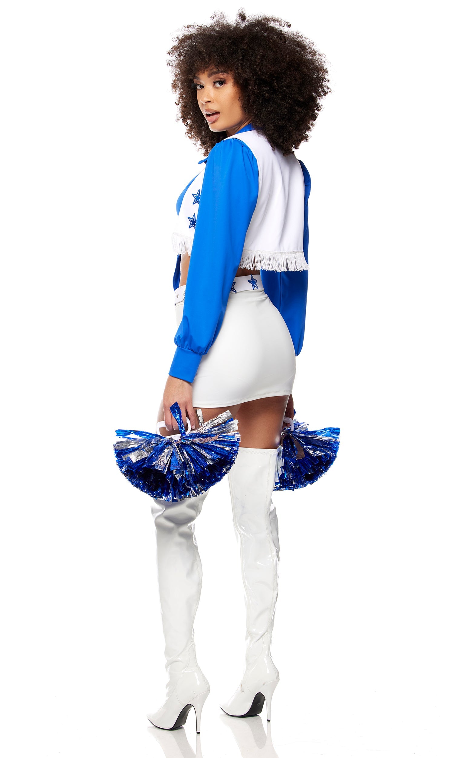 Halftime Show Cheerleader Costume featuring a tie-top with balloon sleeves, star-embroidered fringe vest, skort, and a star-embroidered grommet belt, showcased by a model.