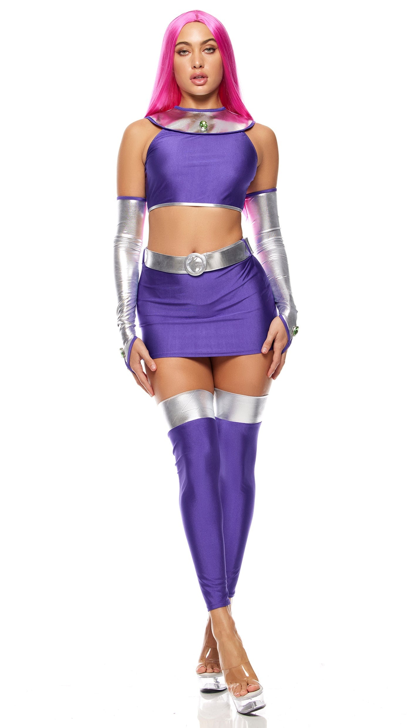 Star Princess Comic Book Character Costume with crop top, mini skirt, belt, leg accessories, and gloves, highlighting waist and abdomen details.