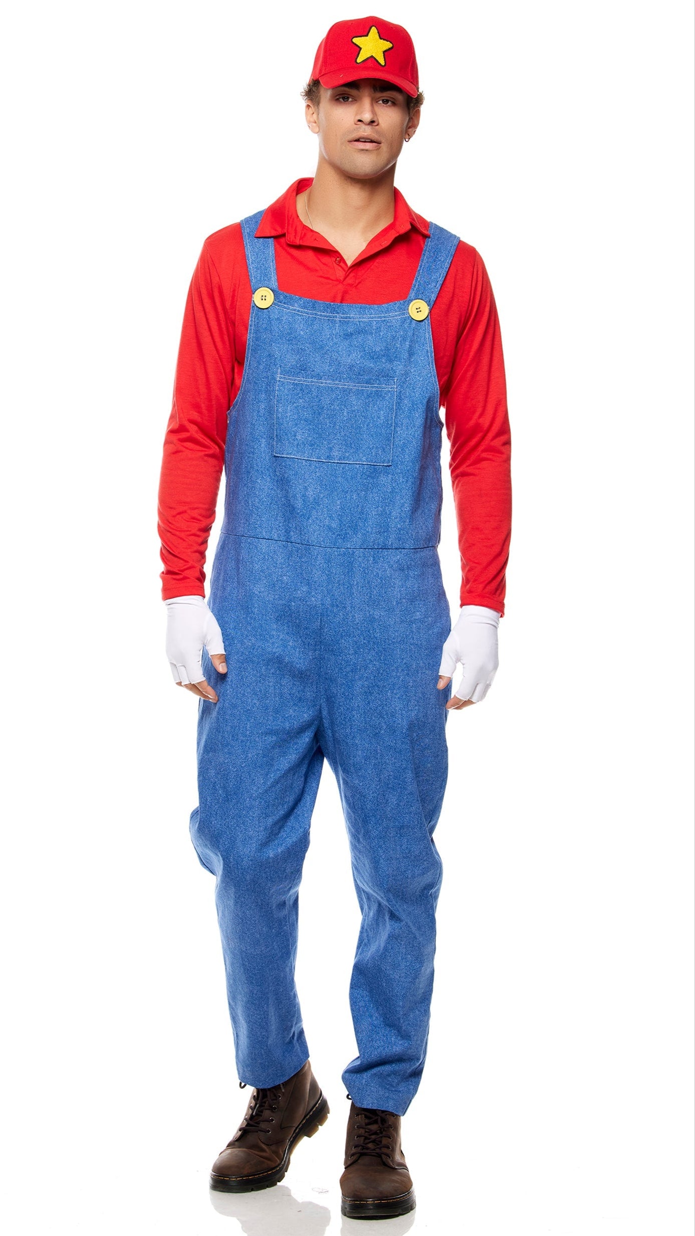 Power Up Men's Video Game Character Costume featuring a red hat with a yellow star, brown boots, button overalls, long sleeve shirt, and fingerless gloves.
