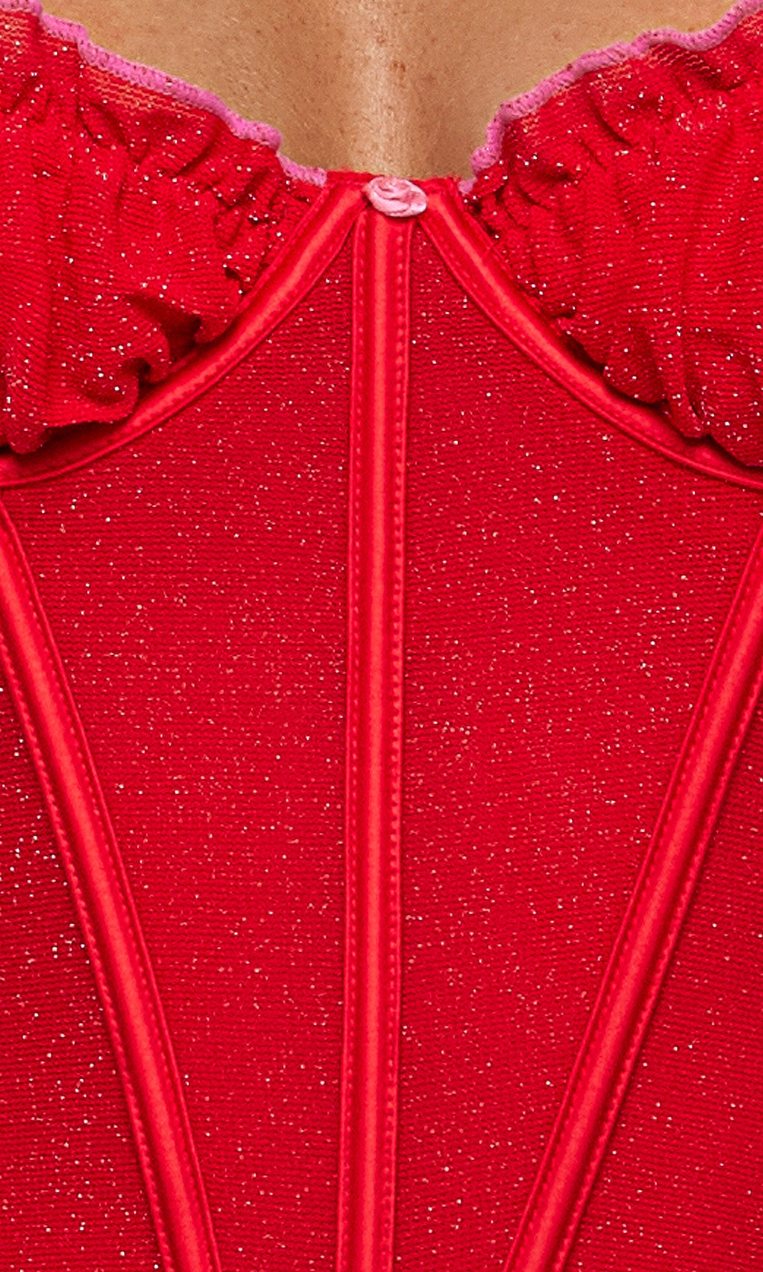 Shimmer Nights Ruched Bustier Lingerie Set features a red glitter-speckled bustier with structured boning, ruffled trim, and mini rosebud accent, paired with matching ruched bloomer shorts.