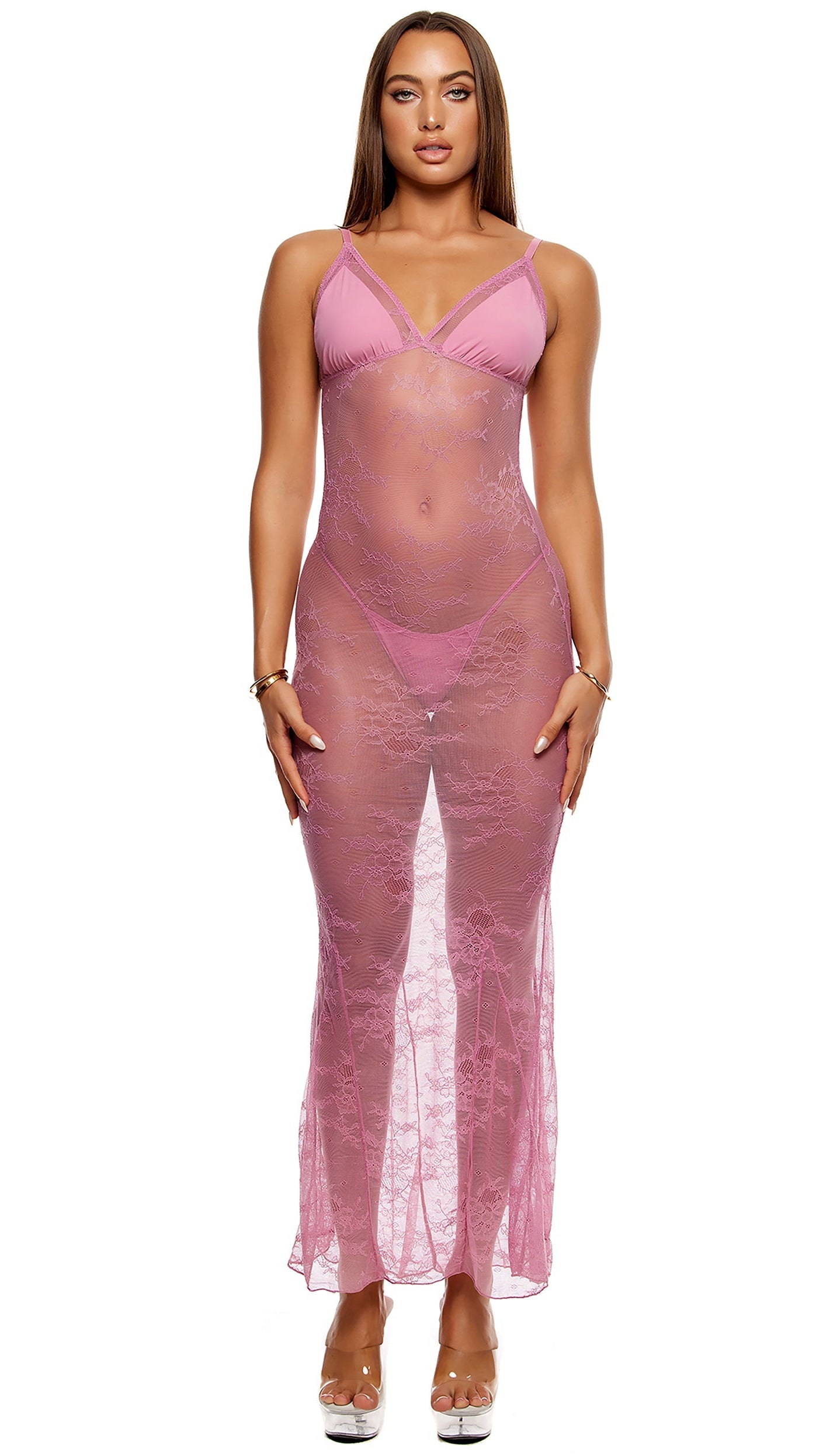 Take It Easy Lounge Lace Nightgown Lingerie Set - Mauve