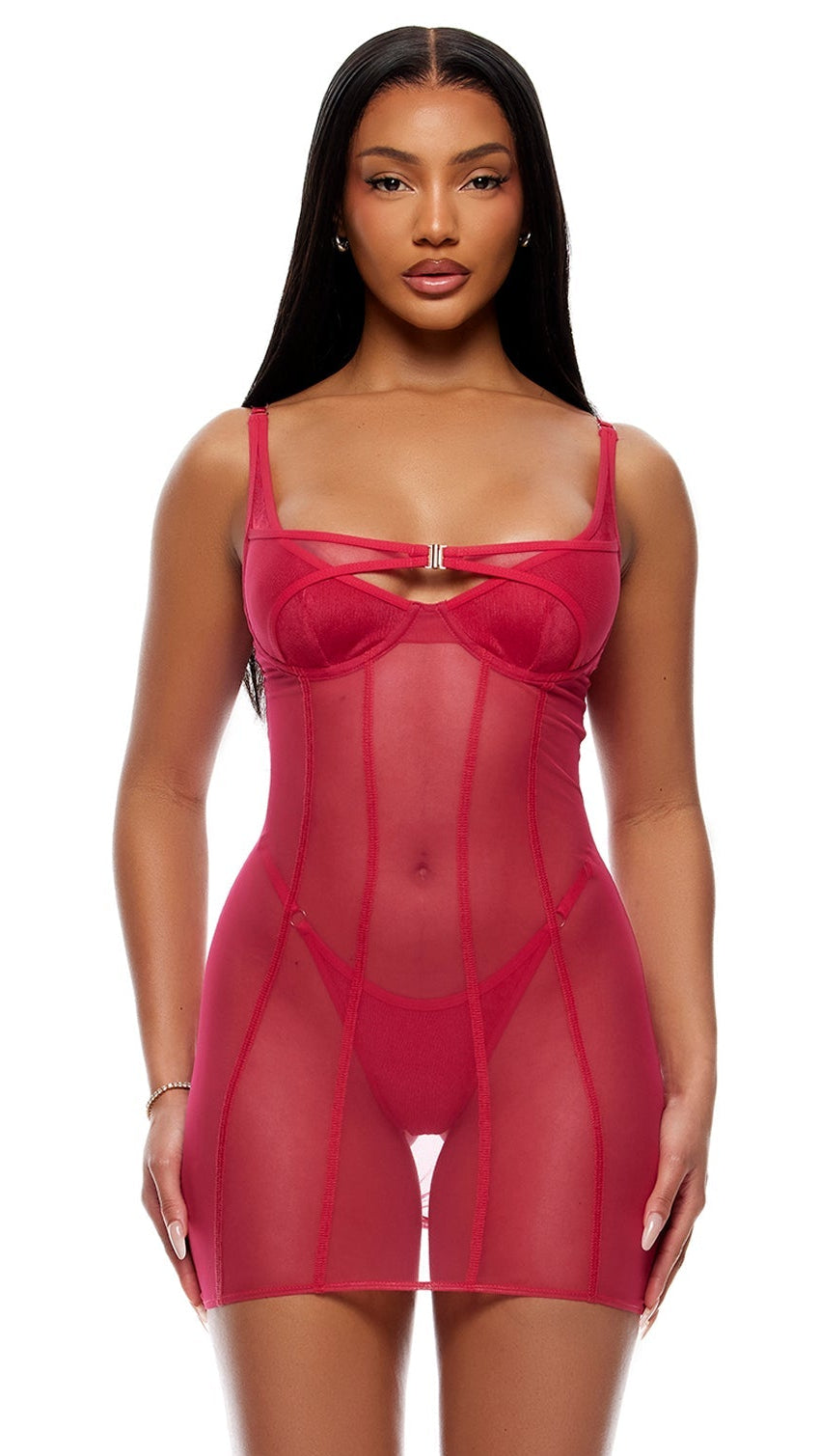Layers To This Mesh and Knit Chemise Lingerie Set - Pink features a sheer, form-fitting chemise with underwire cups, thin straps, and a matching thong, styled with clear platform heels.