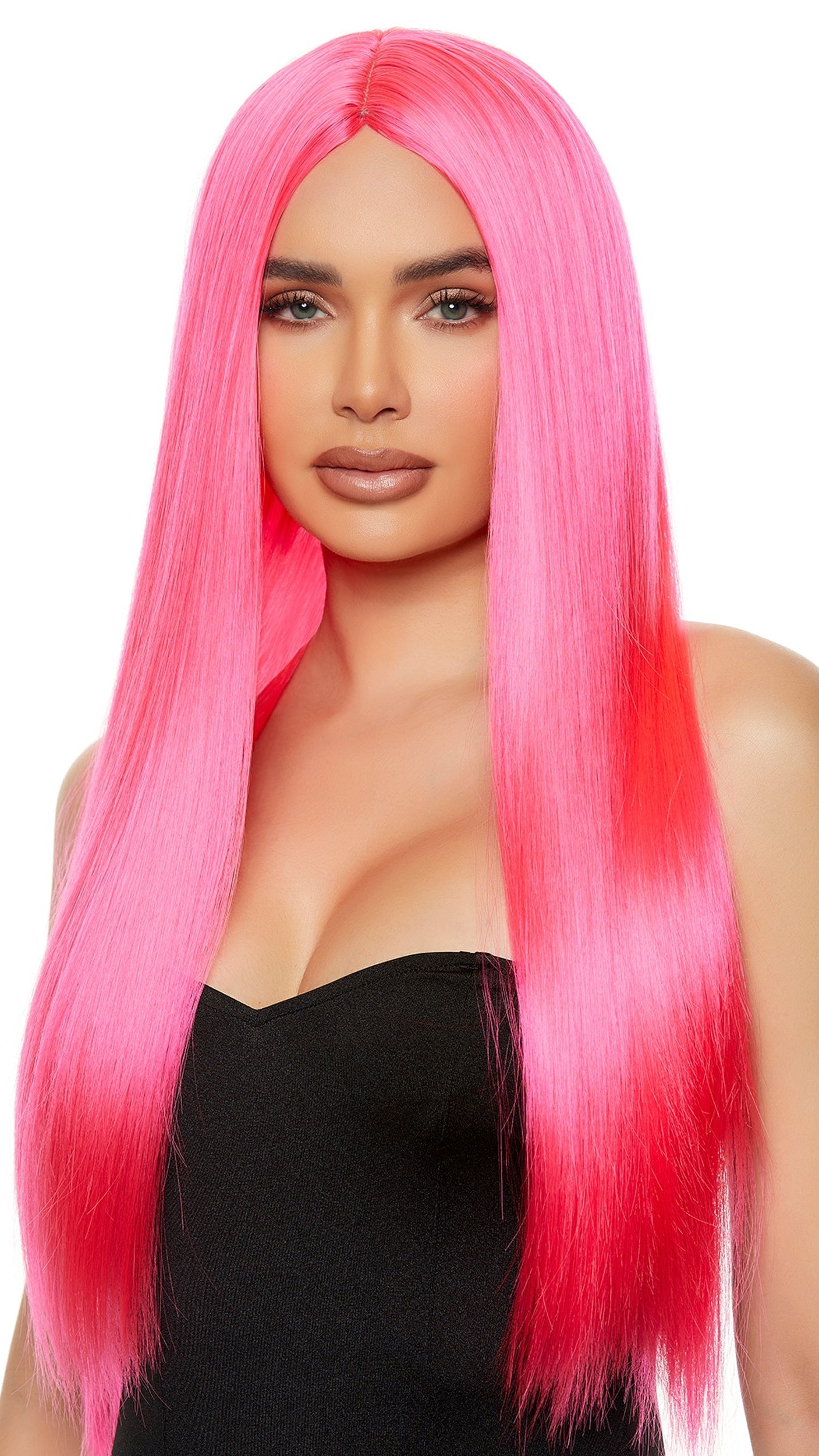 Pink Straight Wig: Close-up of human face with prominently styled unisex synthetic wig featuring a center part and long, straight strands.