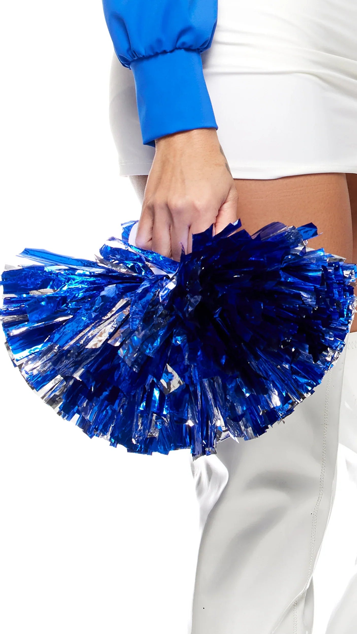 Cheer Pom Poms held by a person, showcasing metallic silver strands with an electric blue handle, designed as a fashion accessory for cheerleading routines.