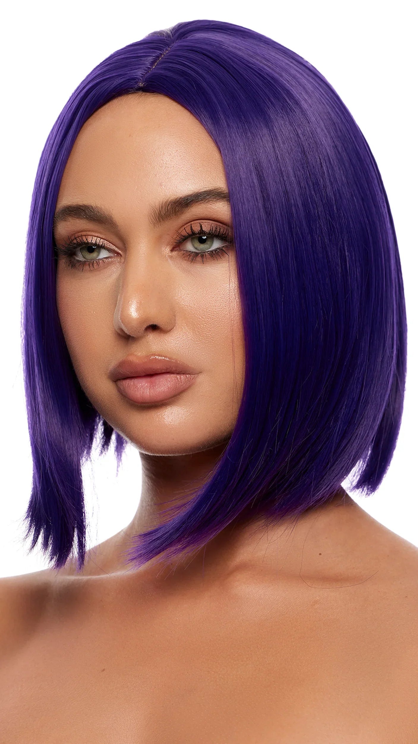 Close-up of a woman with purple hair wearing a unisex Lob Wig, showcasing the synthetic wig's center part and lob length style.