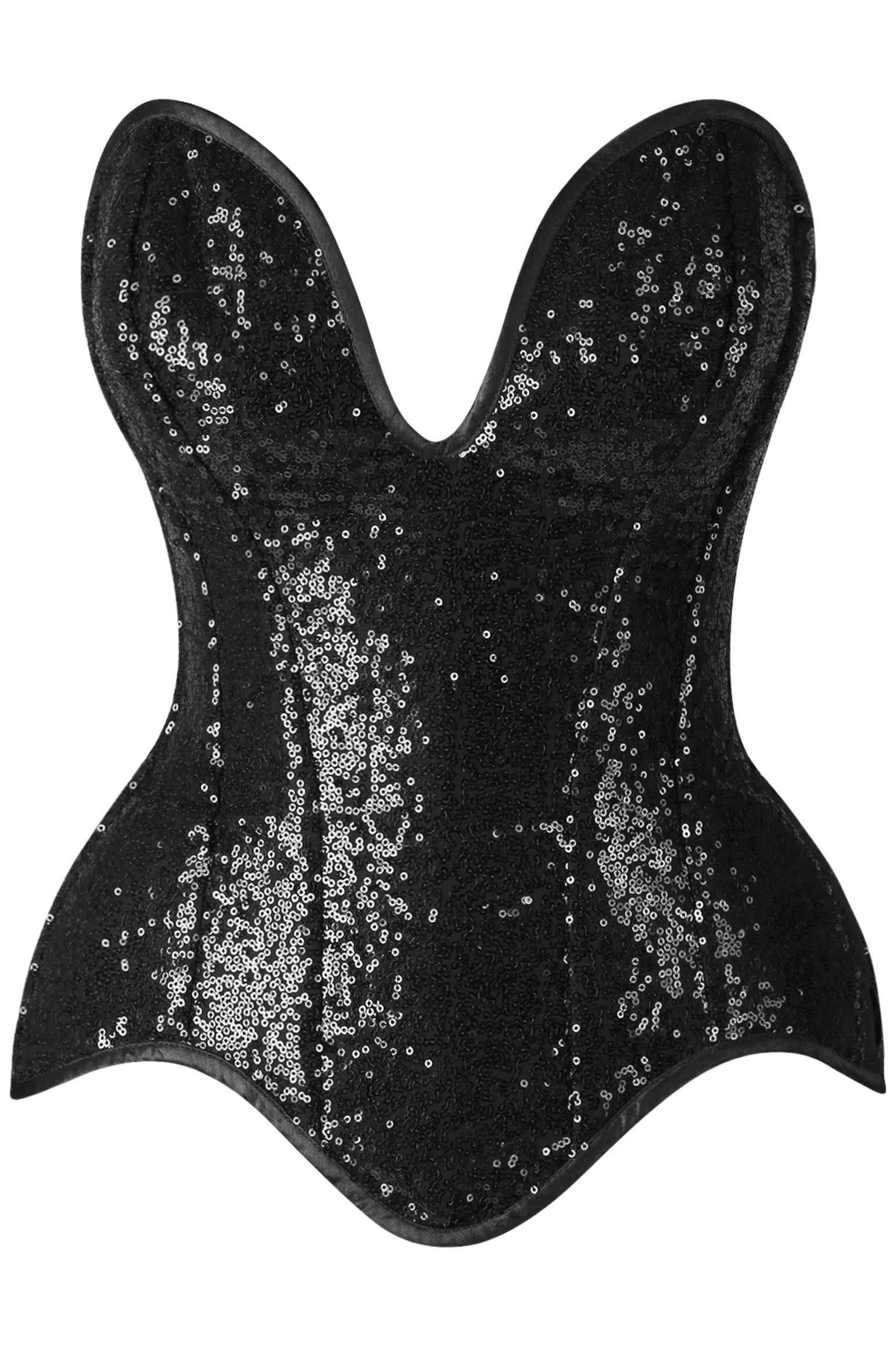 Glam Steel Boned Black Sequin Plunge Neckline Corset, featuring a strapless design with black sequins, sweetheart neckline, and cinched-waist silhouette, complete with a flared, pointed hem.
