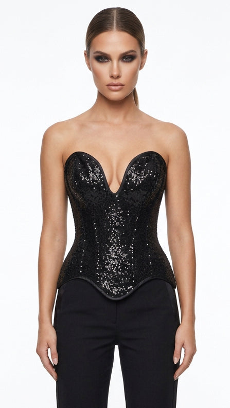Black sequin corset with plunging V neckline, shaped underbust fit